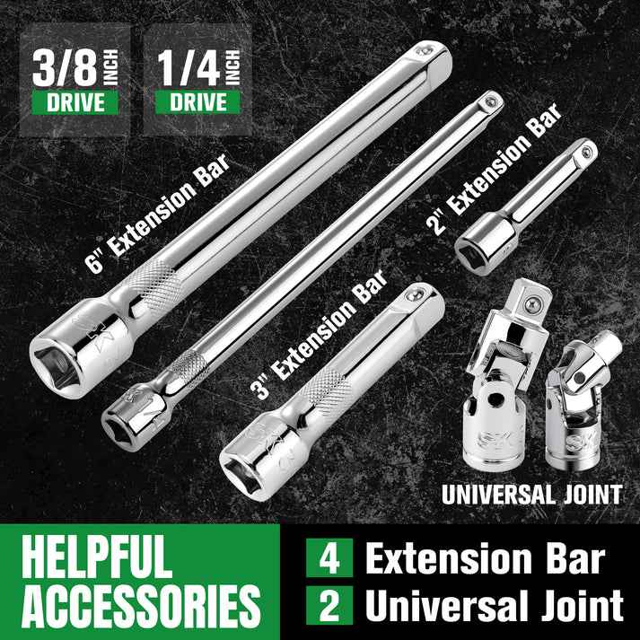 SK Tools USA - 1/4" & 3/8" Drive, 105 Piece, 6 Point, Shallow & Deep, SAE & Metric Chrome Socket Set