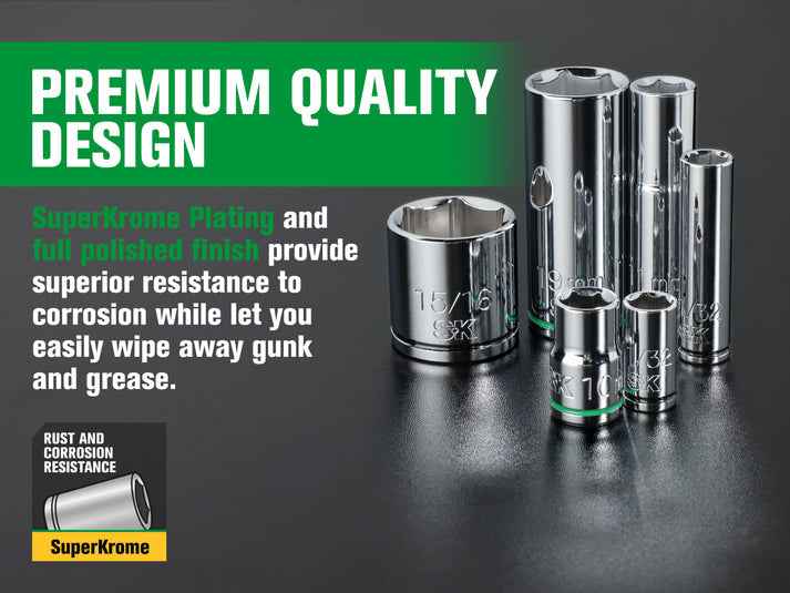 SK Tools USA - 1/4" & 3/8" Drive, 105 Piece, 6 Point, Shallow & Deep, SAE & Metric Chrome Socket Set