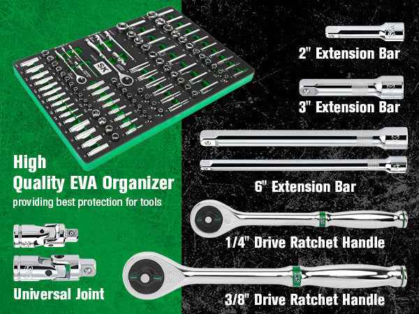 SK Tools USA - 1/4" & 3/8" Drive, 105 Piece, 6 Point, Shallow & Deep, SAE & Metric Chrome Socket Set