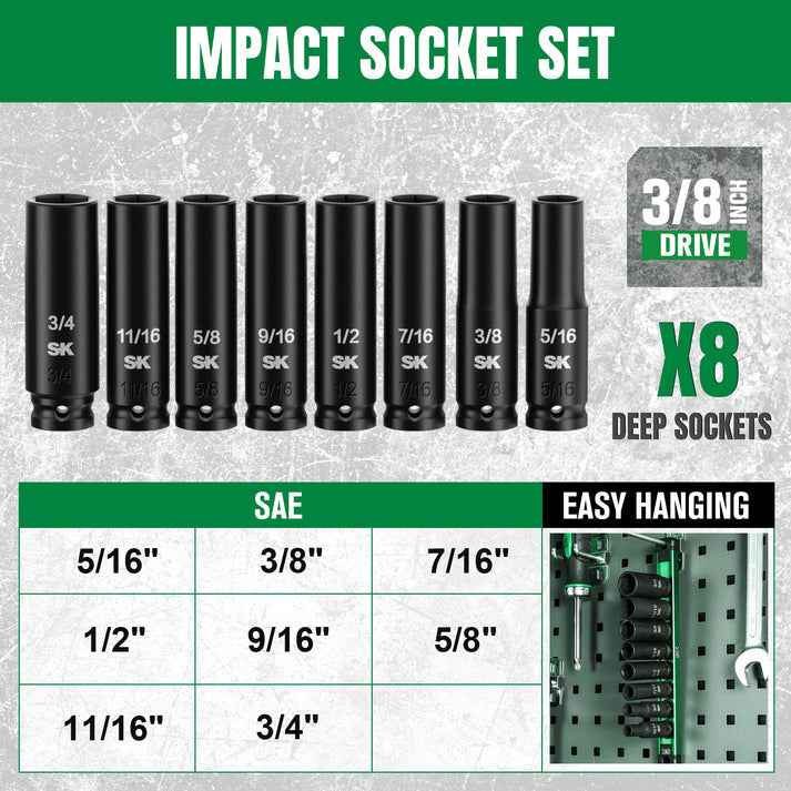 SK Tools USA - 3/8" Drive, 8 Piece, SAE Deep Impact Socket Set, SK01350