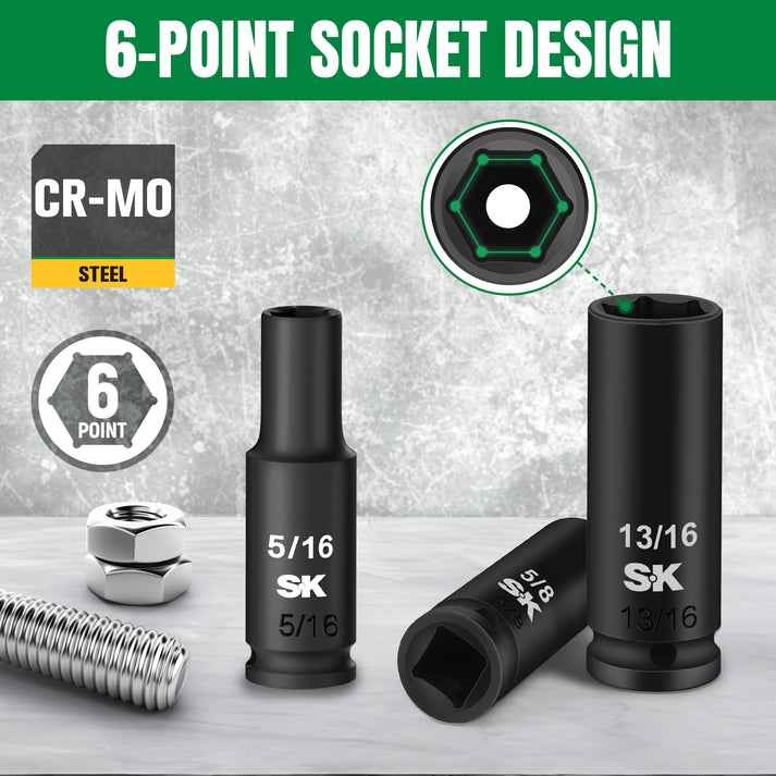 SK Tools USA - 3/8" Drive, 8 Piece, SAE Deep Impact Socket Set, SK01350