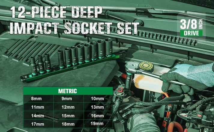 SK Tools USA - 3/8" Drive, 12 Piece, 6 Point, Metric Deep Impact Socket Set, #SK01351