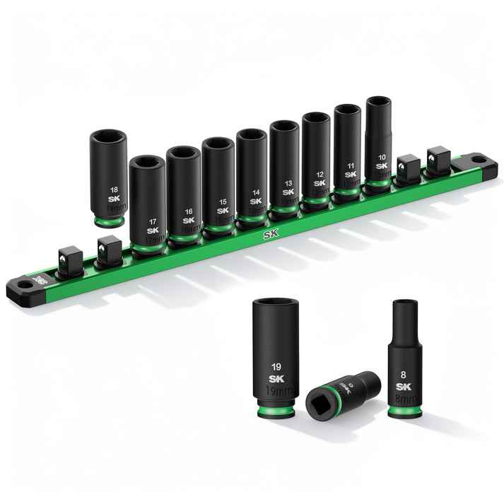 SK Tools USA - 3/8" Drive, 12 Piece, 6 Point, Metric Deep Impact Socket Set, #SK01351