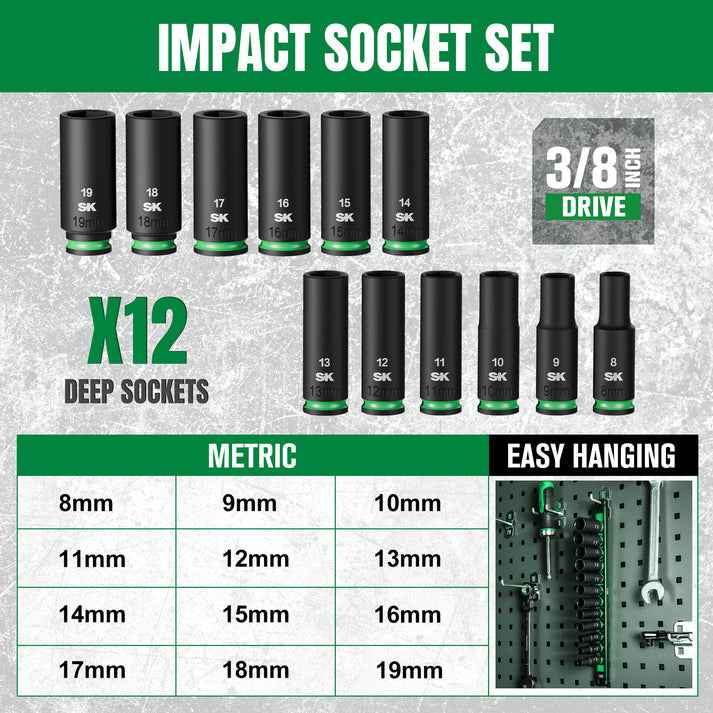 SK Tools USA - 3/8" Drive, 12 Piece, 6 Point, Metric Deep Impact Socket Set, #SK01351