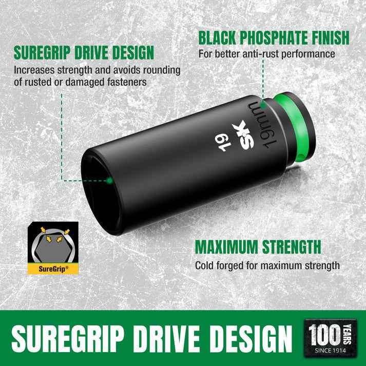 SK Tools USA - 3/8" Drive, 12 Piece, 6 Point, Metric Deep Impact Socket Set, #SK01351
