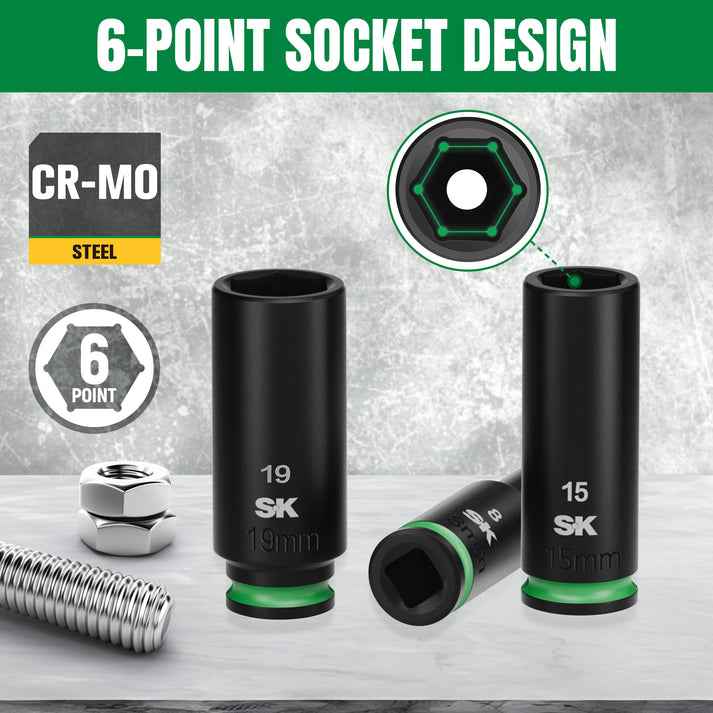 SK Tools USA - 3/8" Drive, 12 Piece, 6 Point, Metric Deep Impact Socket Set, #SK01351