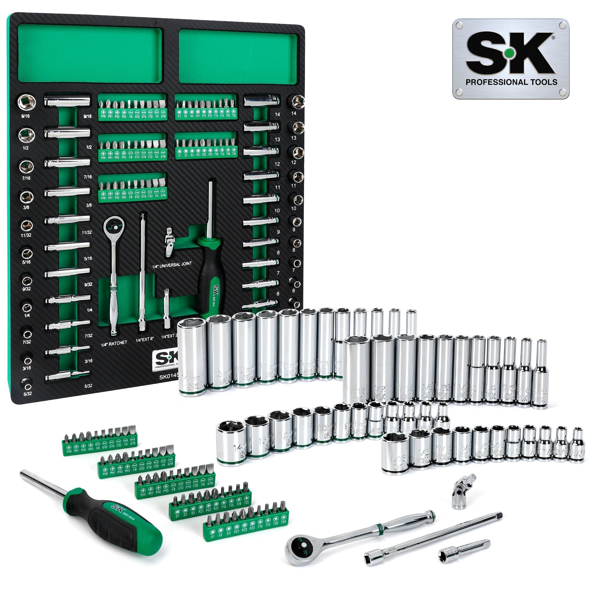 SK Tools USA - 101 Piece, 1/4" Drive, 6 Point, Shallow & Deep, SAE & Metric Chrome Socket Set with Bits