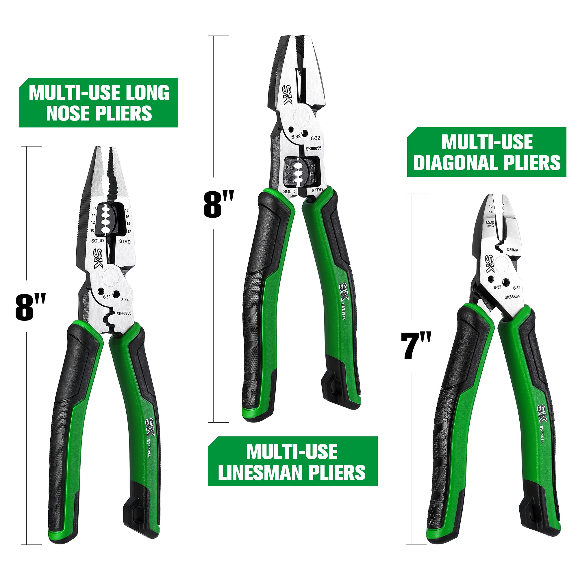 SK Tools USA - 3 Piece Dual-Material Handle Multi-Use Pliers Set