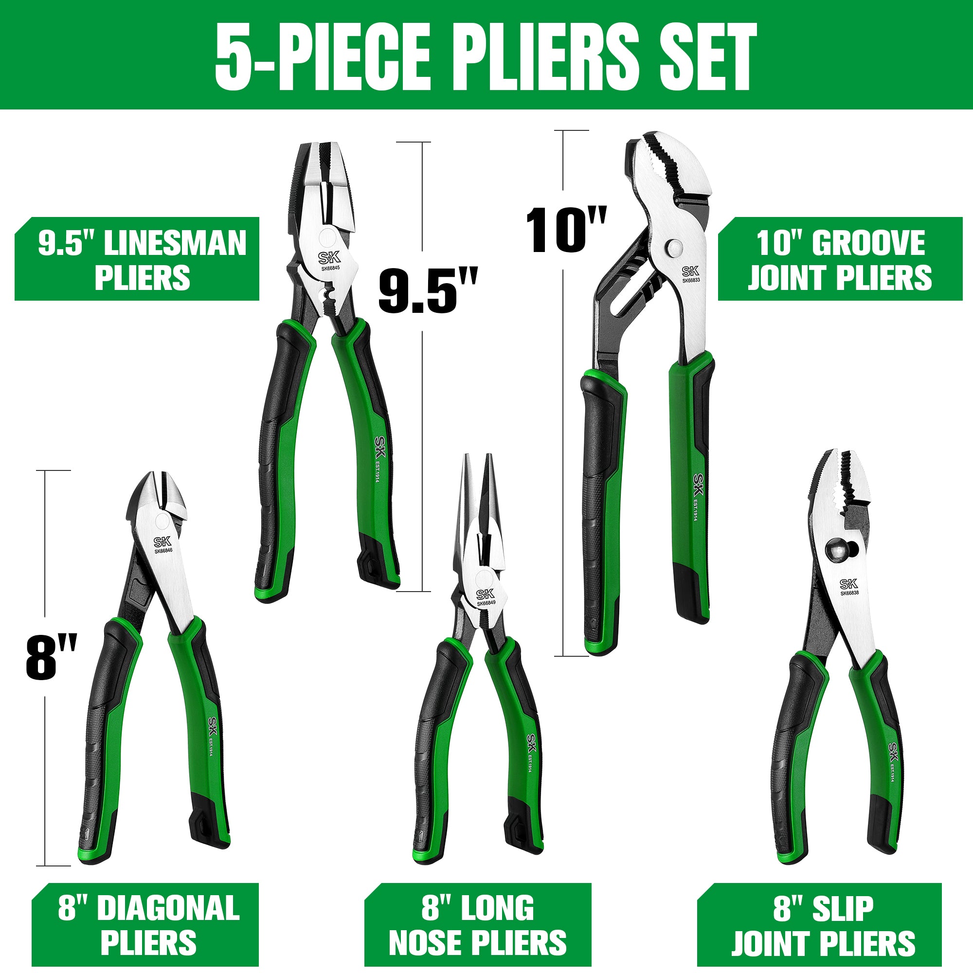 SK Tools USA - 5 Piece Dual-Material Multi-Purpose Pliers Set