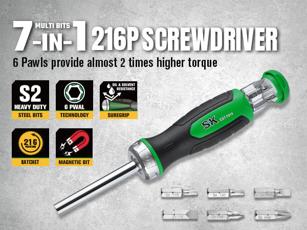 SK Tools USA - 7-in-1, 216-Position Reversible Ratcheting Screwdriver