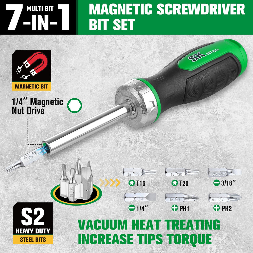 SK Tools USA - 7-in-1, 216-Position Reversible Ratcheting Screwdriver