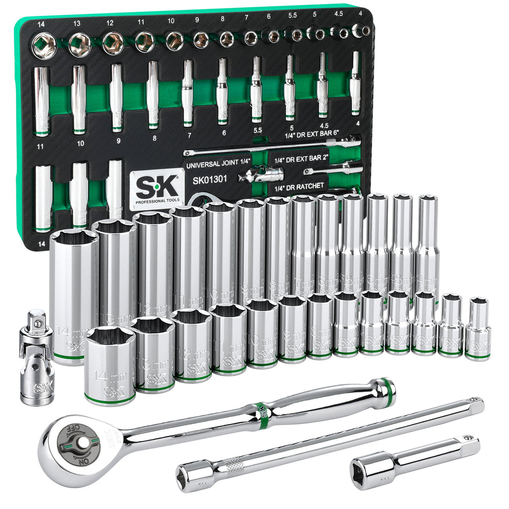 SK Tools USA - 30 Piece 1/4" Drive, 6 Point, Standard & Deep, Metric Chrome Socket Set