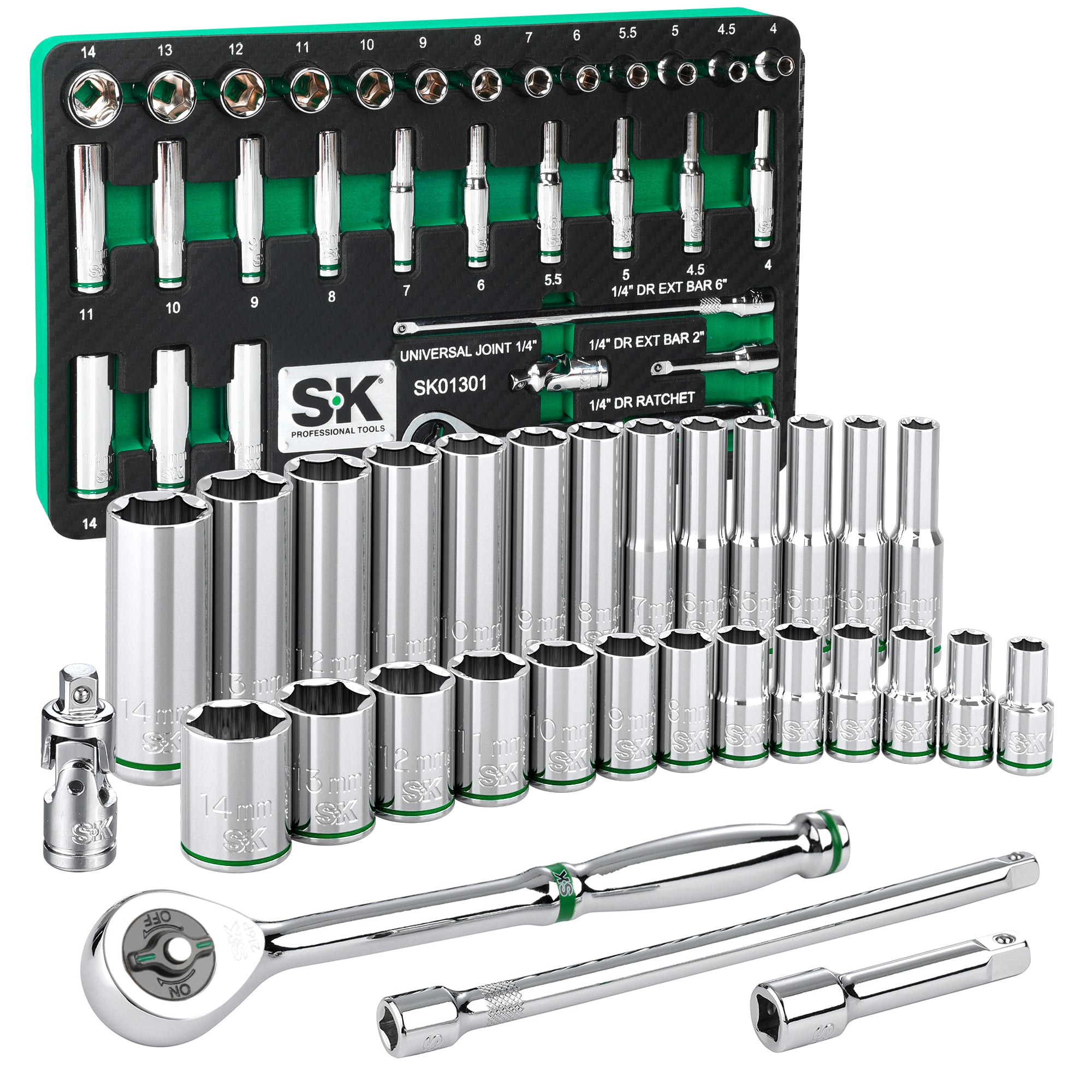 SK Tools USA - 30 Piece 1/4" Drive, 6 Point, Standard & Deep, Metric Chrome Socket Set