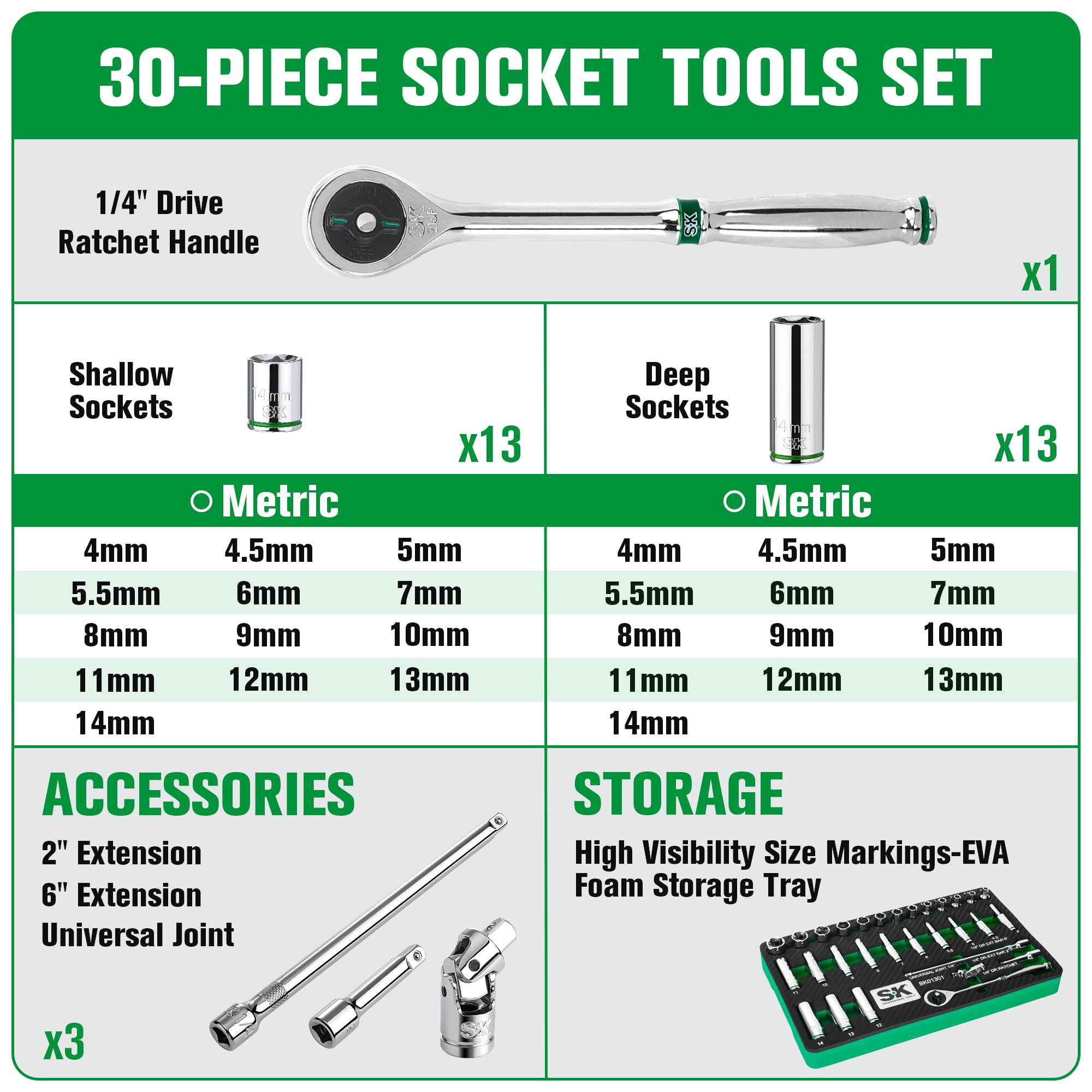 SK Tools USA - 30 Piece 1/4" Drive, 6 Point, Standard & Deep, Metric Chrome Socket Set