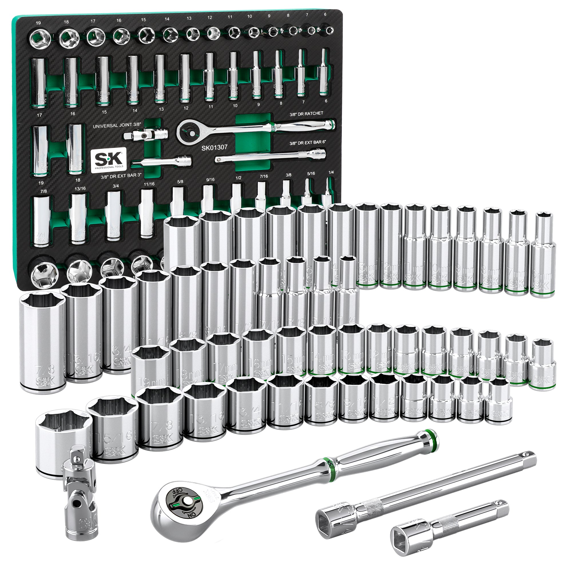 SK Tools USA - 56 Piece 3/8" Drive, 6 Point, Standard & Deep, SAE & Metric Chrome Socket Set
