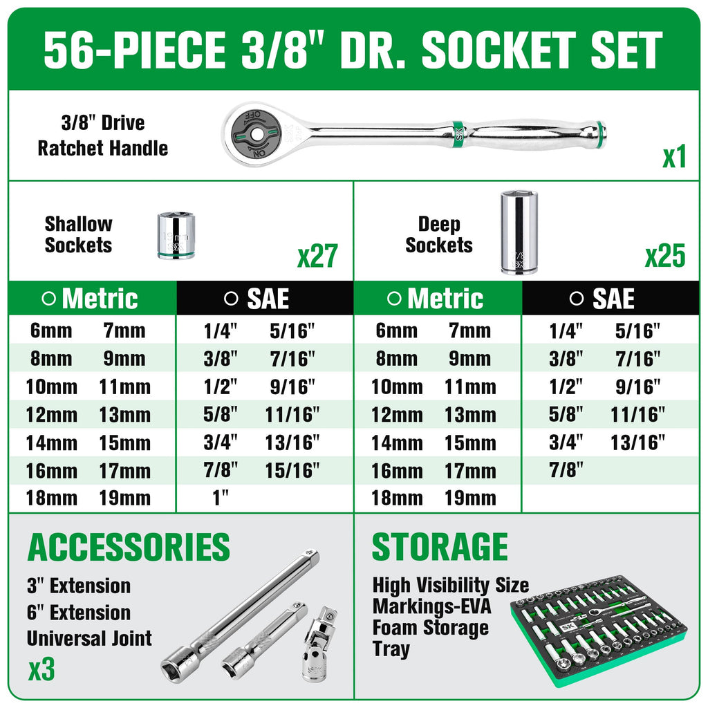 SK Tools USA - 56 Piece 3/8" Drive, 6 Point, Standard & Deep, SAE & Metric Chrome Socket Set