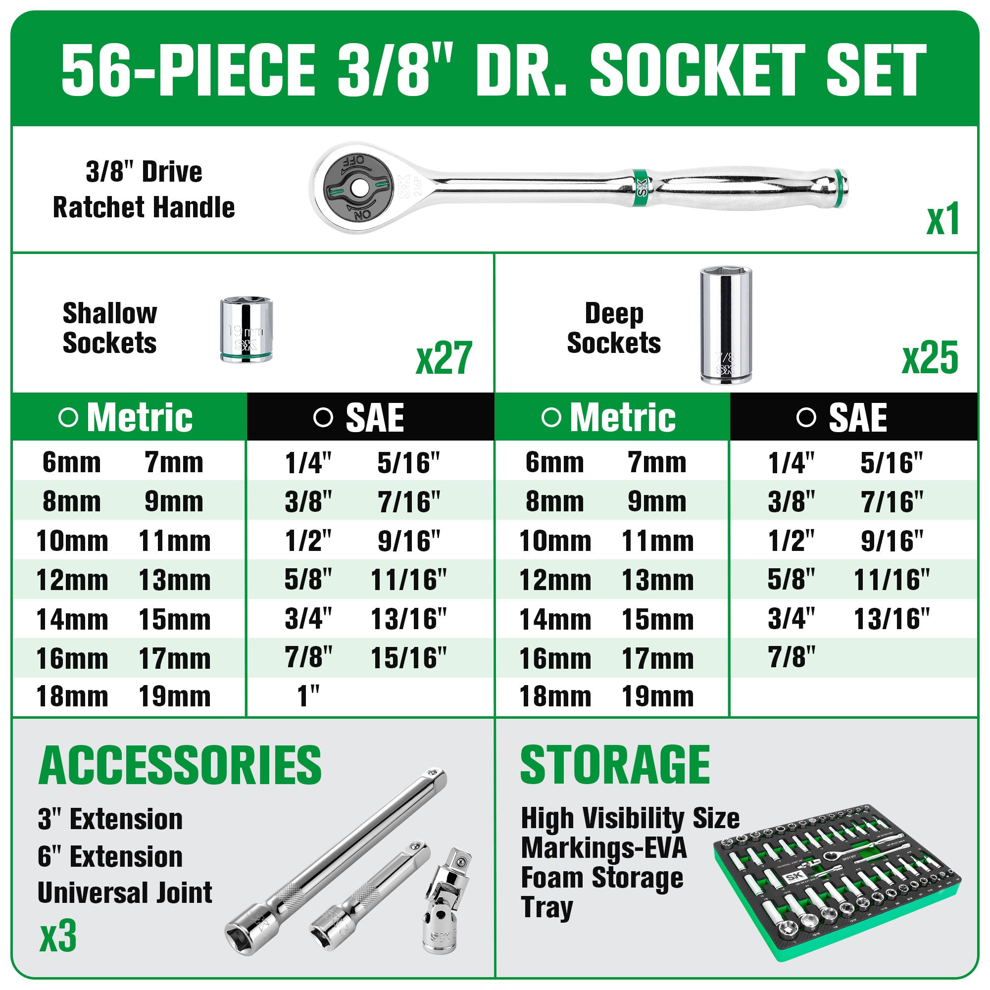 SK Tools USA - 56 Piece 3/8" Drive, 6 Point, Standard & Deep, SAE & Metric Chrome Socket Set