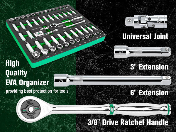 SK Tools USA - 56 Piece 3/8" Drive, 6 Point, Standard & Deep, SAE & Metric Chrome Socket Set