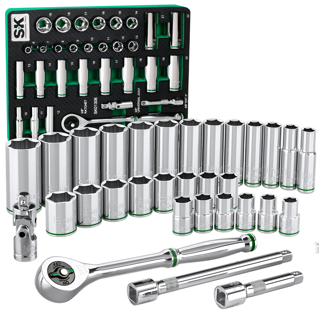 SK Tools USA - 31 Piece 3/8" Drive, 6 Point, Standard & Deep, Metric Chrome Socket Set
