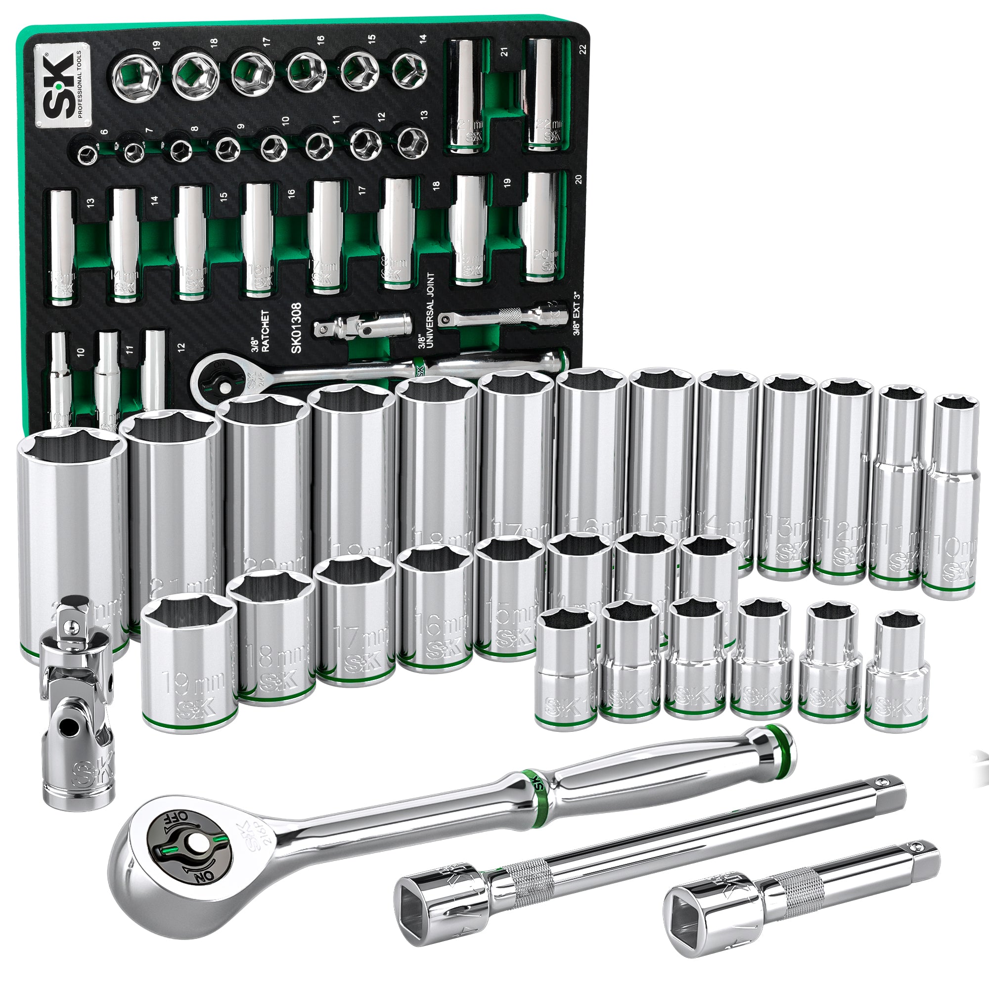 SK Tools USA - 31 Piece 3/8" Drive, 6 Point, Standard & Deep, Metric Chrome Socket Set