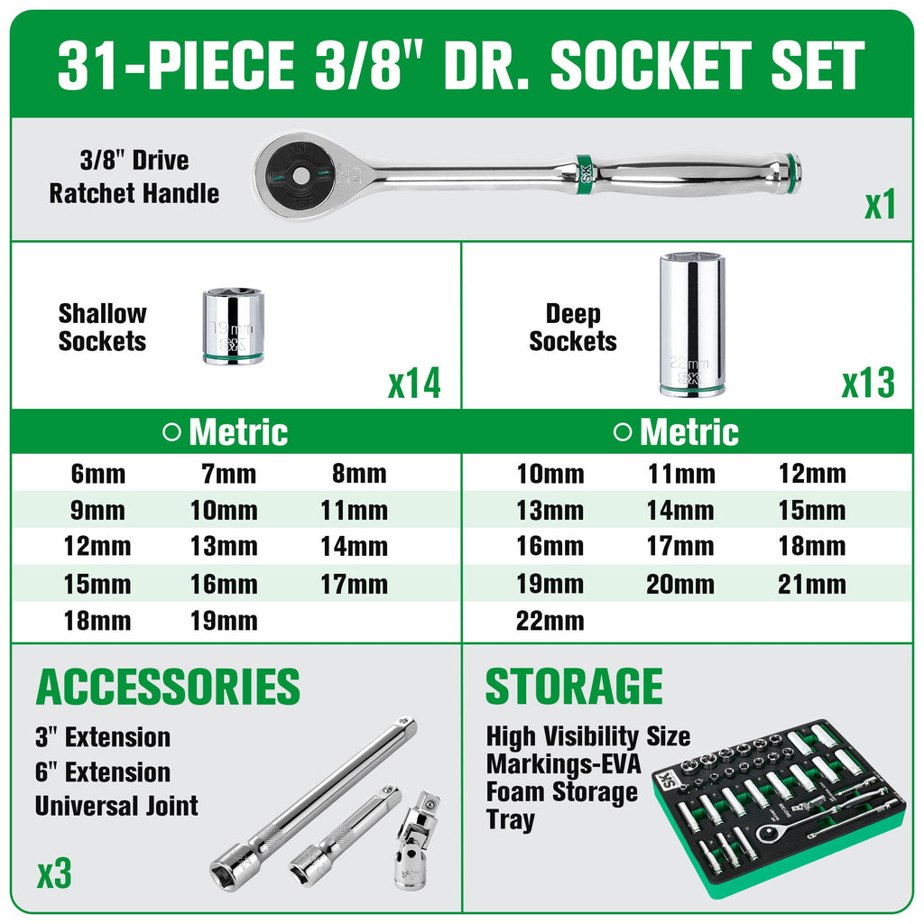 SK Tools USA - 31 Piece 3/8" Drive, 6 Point, Standard & Deep, Metric Chrome Socket Set