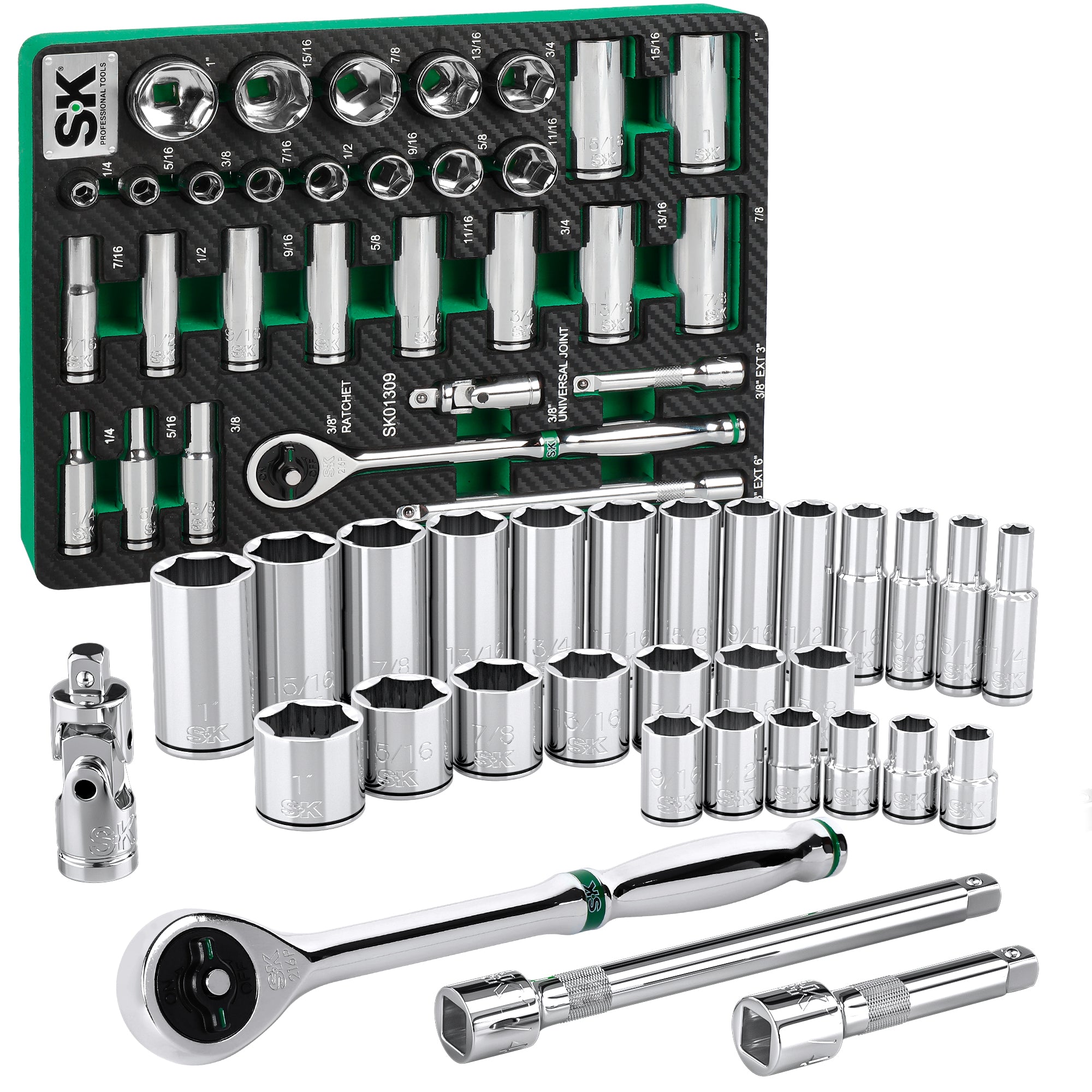 SK Tools USA - 30 Piece 3/8" Drive, 6 Point, Standard & Deep, SAE Chrome Socket Set