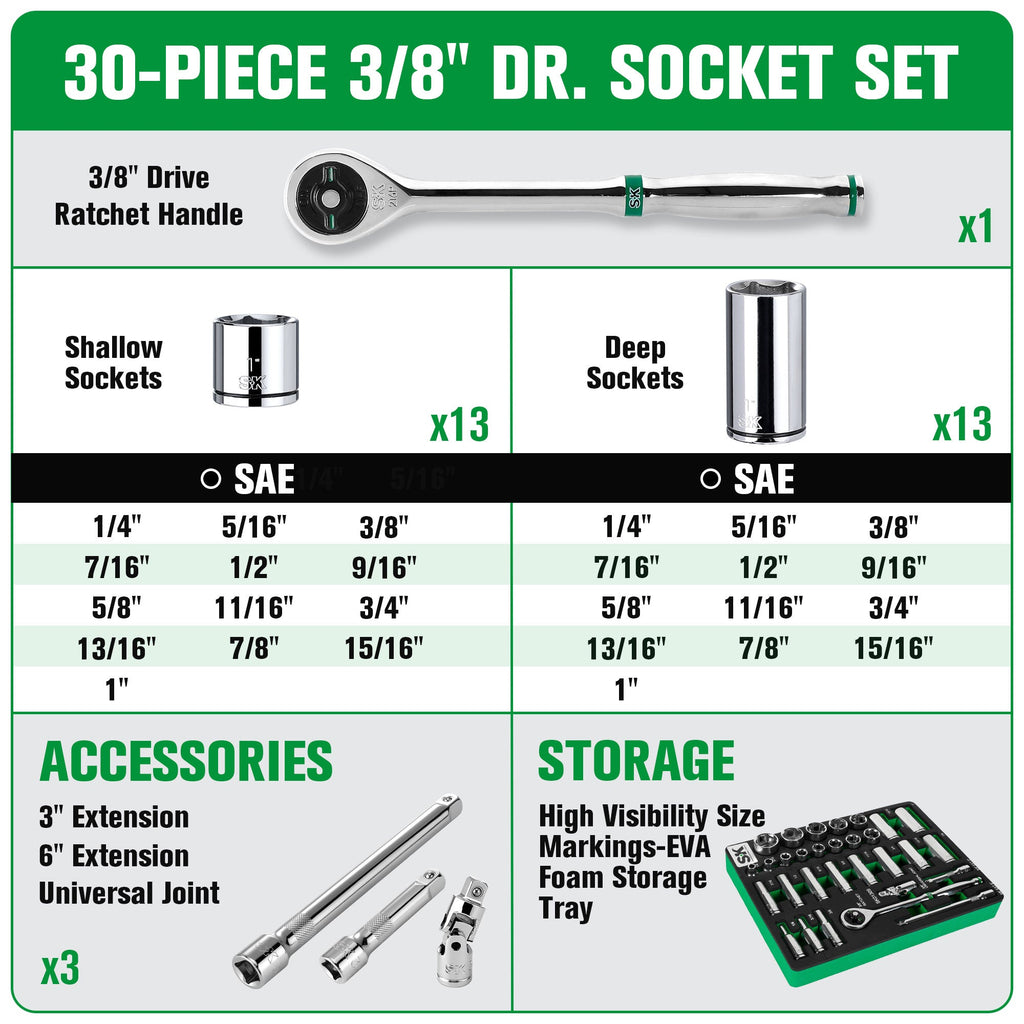 SK Tools USA - 30 Piece 3/8" Drive, 6 Point, Standard & Deep, SAE Chrome Socket Set