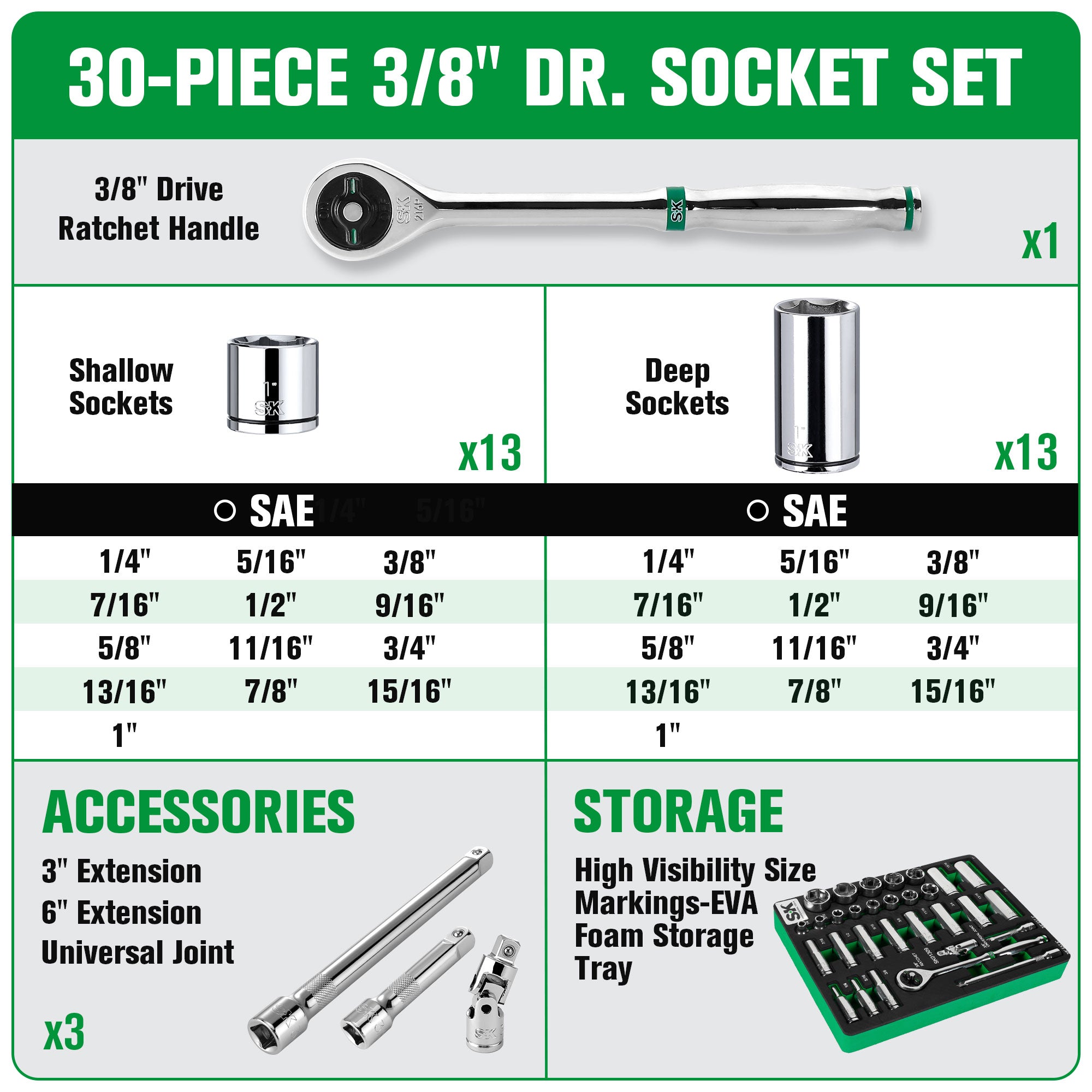 SK Tools USA - 30 Piece 3/8" Drive, 6 Point, Standard & Deep, SAE Chrome Socket Set