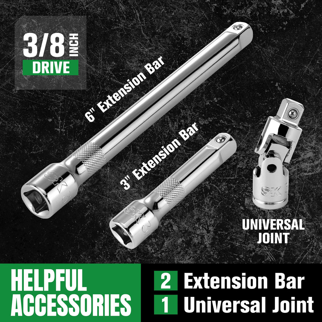 SK Tools USA - 30 Piece 3/8" Drive, 6 Point, Standard & Deep, SAE Chrome Socket Set