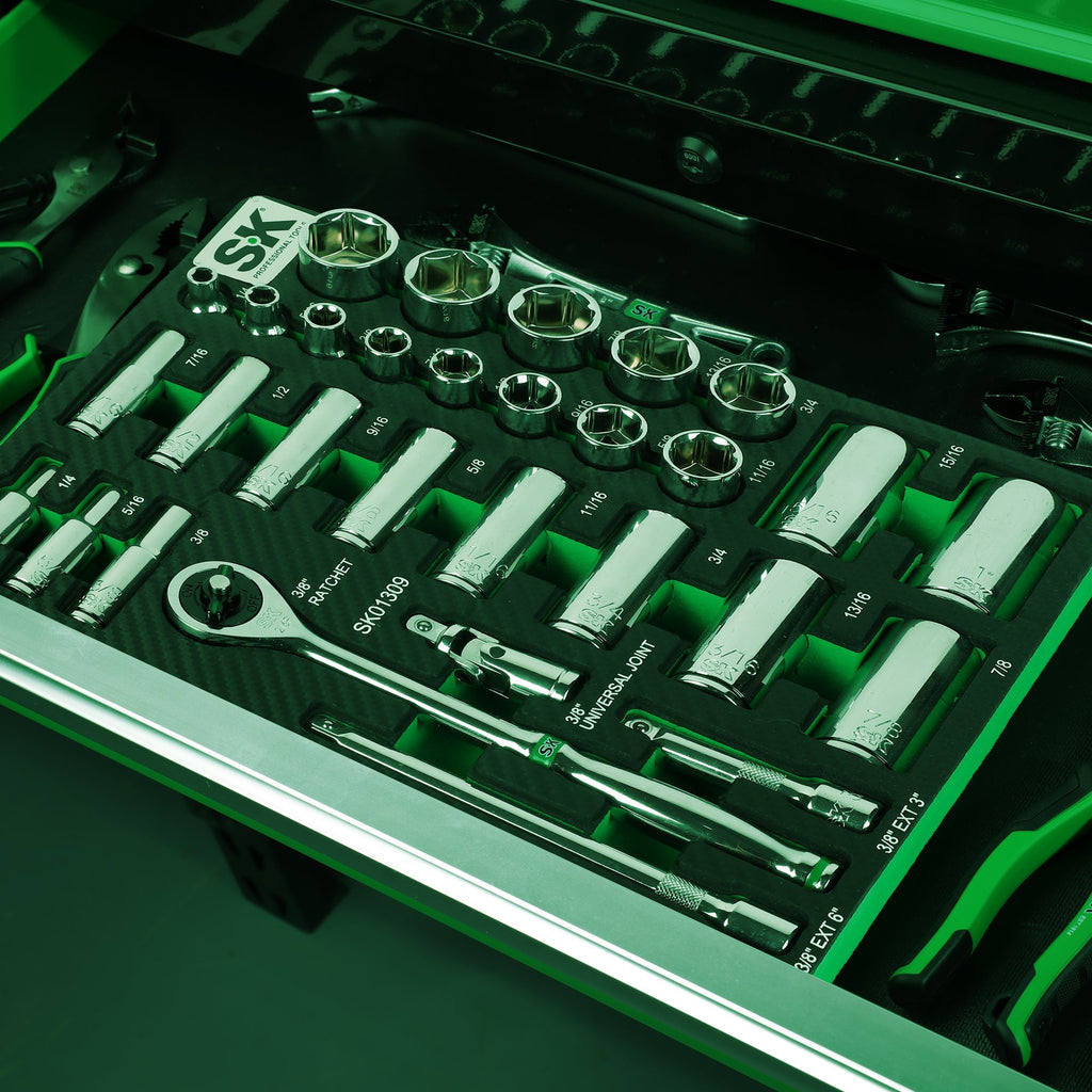 SK Tools USA - 30 Piece 3/8" Drive, 6 Point, Standard & Deep, SAE Chrome Socket Set