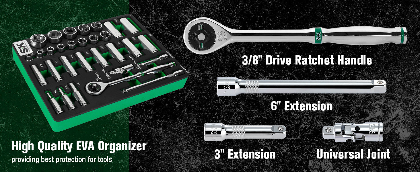 SK Tools USA - 30 Piece 3/8" Drive, 6 Point, Standard & Deep, SAE Chrome Socket Set