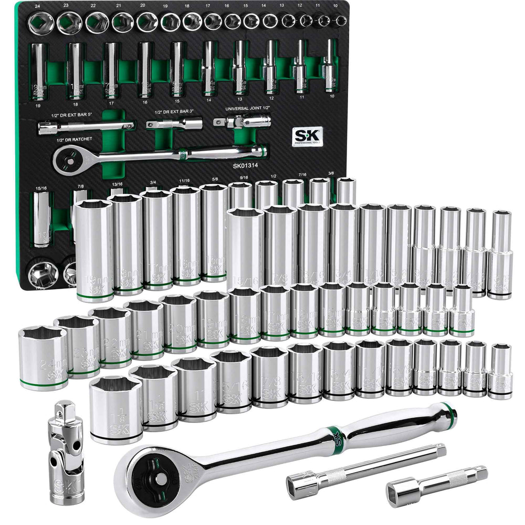 SK Tools USA - 52 Piece 1/2" Drive, 6 Point, Standard & Deep, SAE & Metric Chrome Socket Set