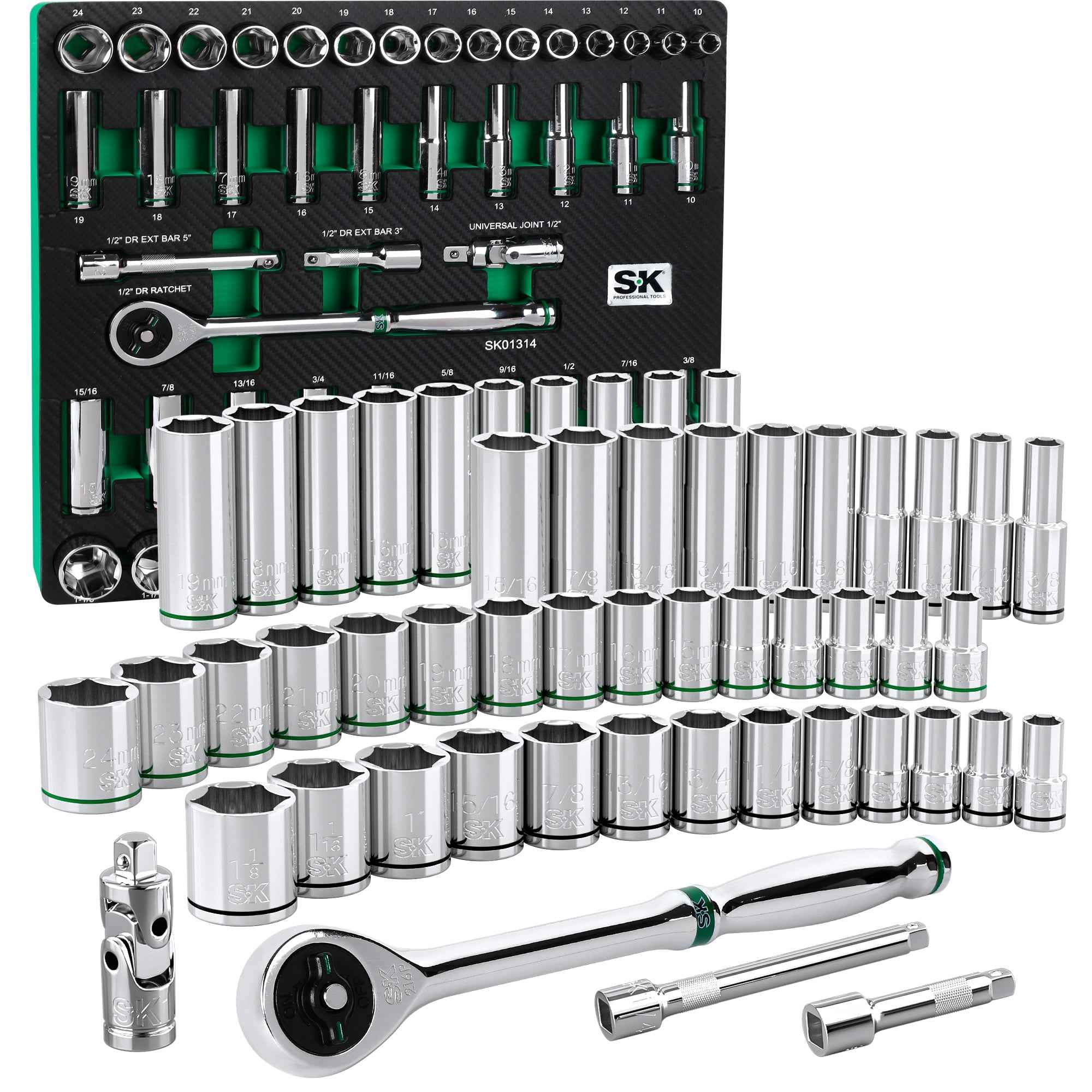 SK Tools USA - 52 Piece 1/2" Drive, 6 Point, Standard & Deep, SAE & Metric Chrome Socket Set