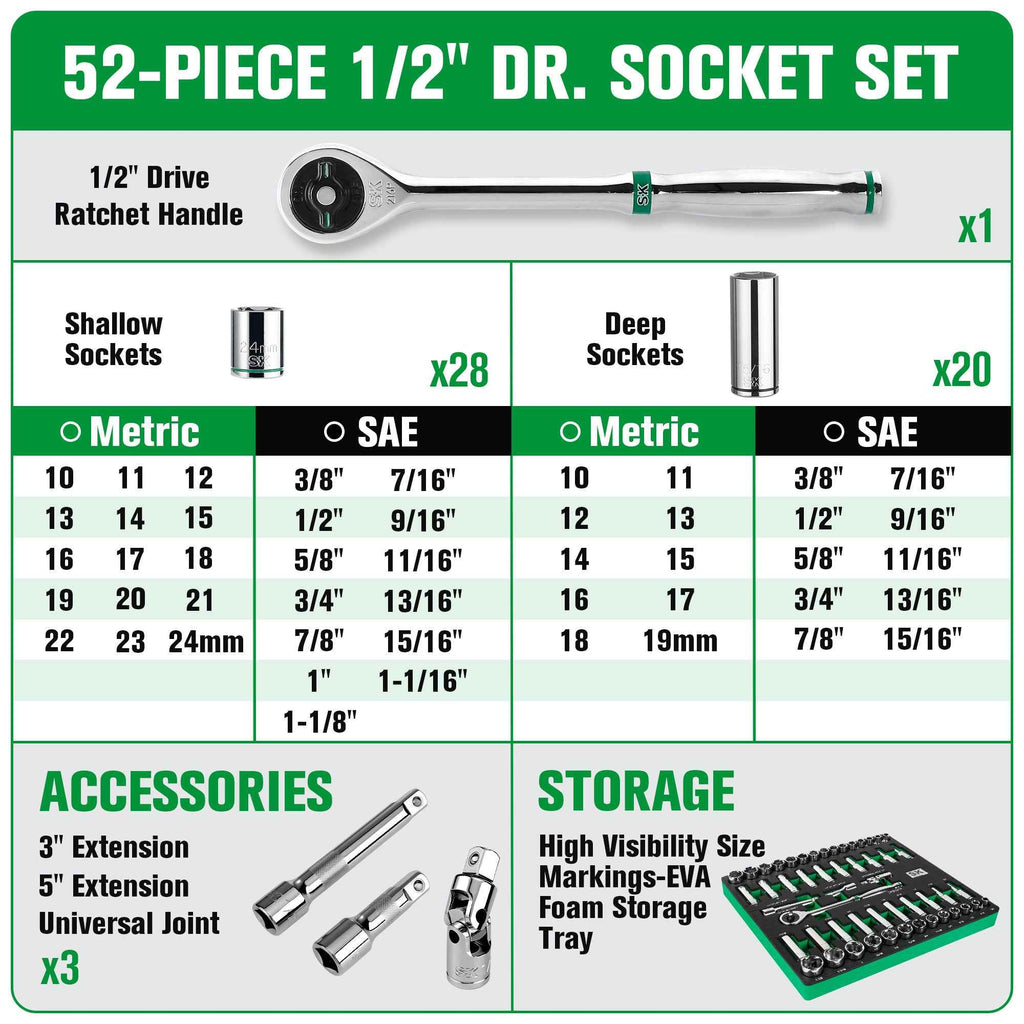 SK Tools USA - 52 Piece 1/2" Drive, 6 Point, Standard & Deep, SAE & Metric Chrome Socket Set