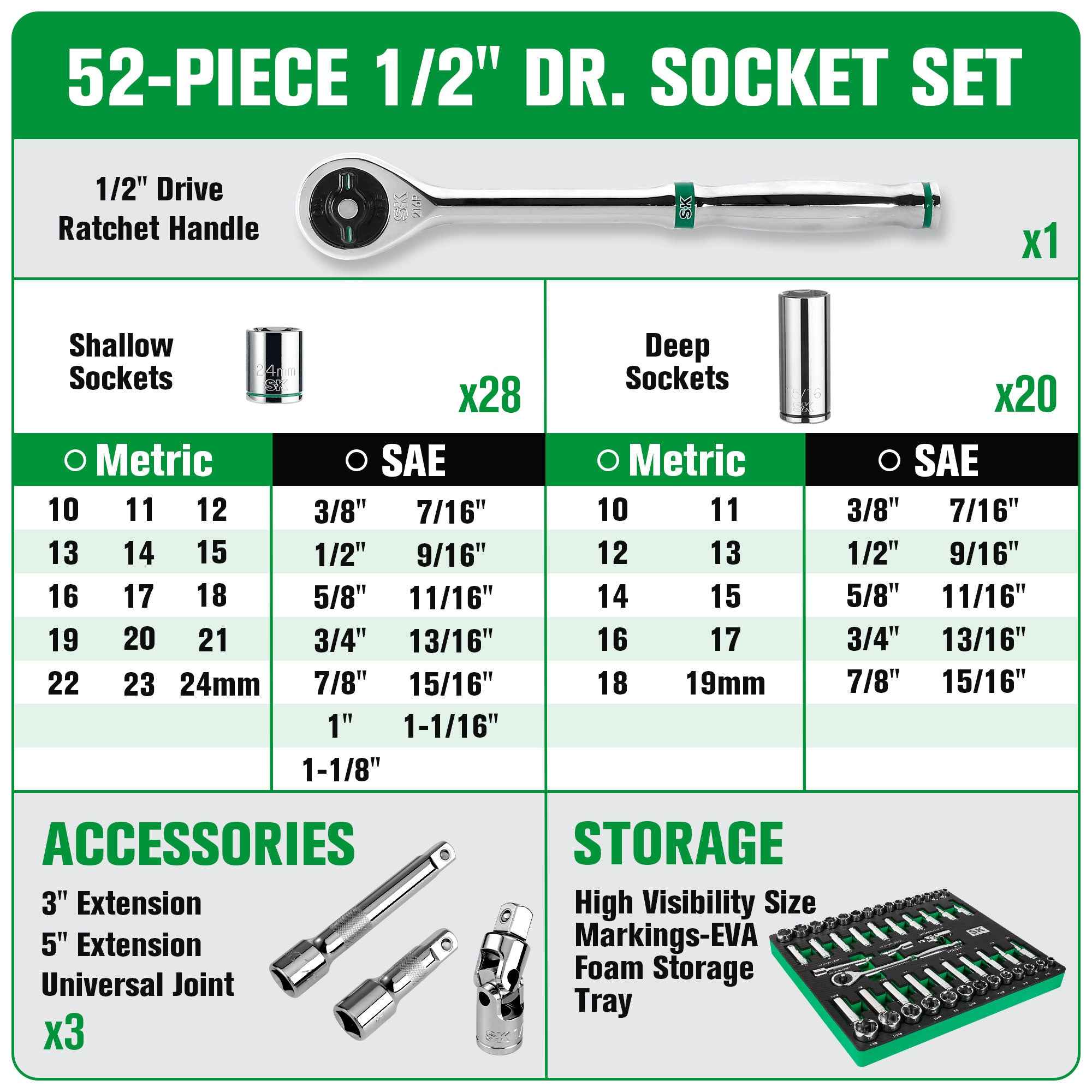 SK Tools USA - 52 Piece 1/2" Drive, 6 Point, Standard & Deep, SAE & Metric Chrome Socket Set