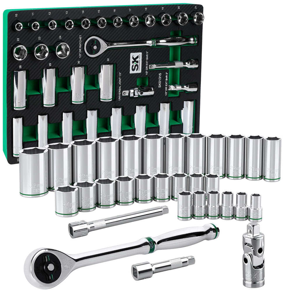 SK Tools USA - 31 Piece 1/2" Drive, 6 Point, Standard & Deep, Metric Chrome Socket Set