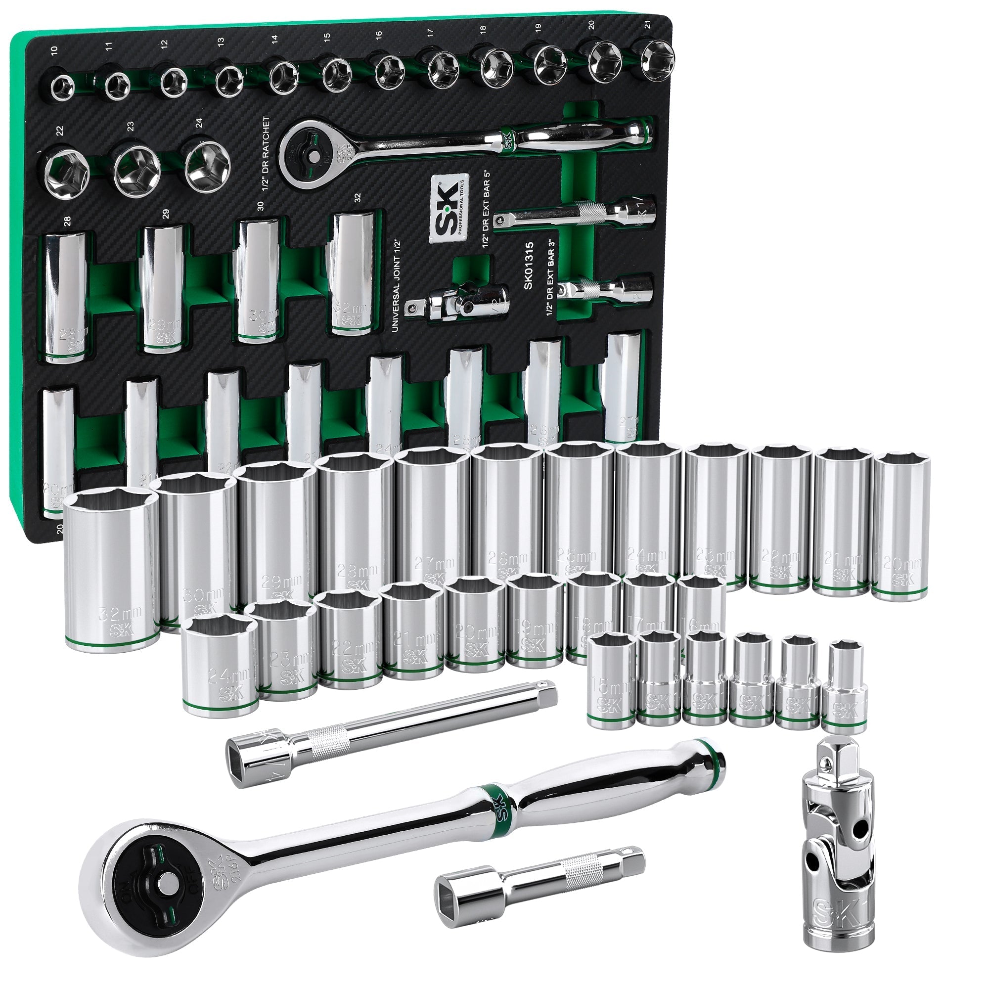 SK Tools USA - 31 Piece 1/2" Drive, 6 Point, Standard & Deep, Metric Chrome Socket Set