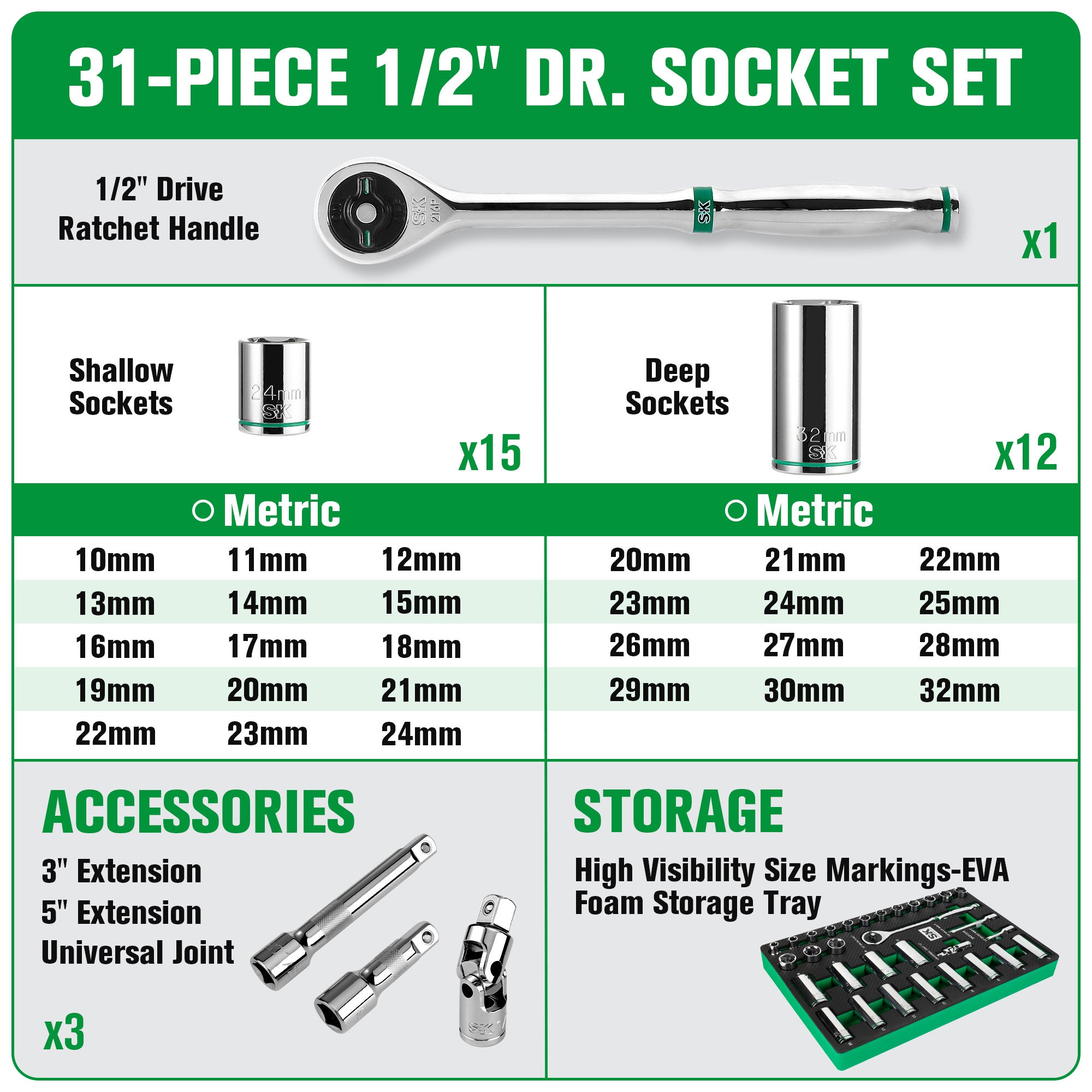 SK Tools USA - 31 Piece 1/2" Drive, 6 Point, Standard & Deep, Metric Chrome Socket Set
