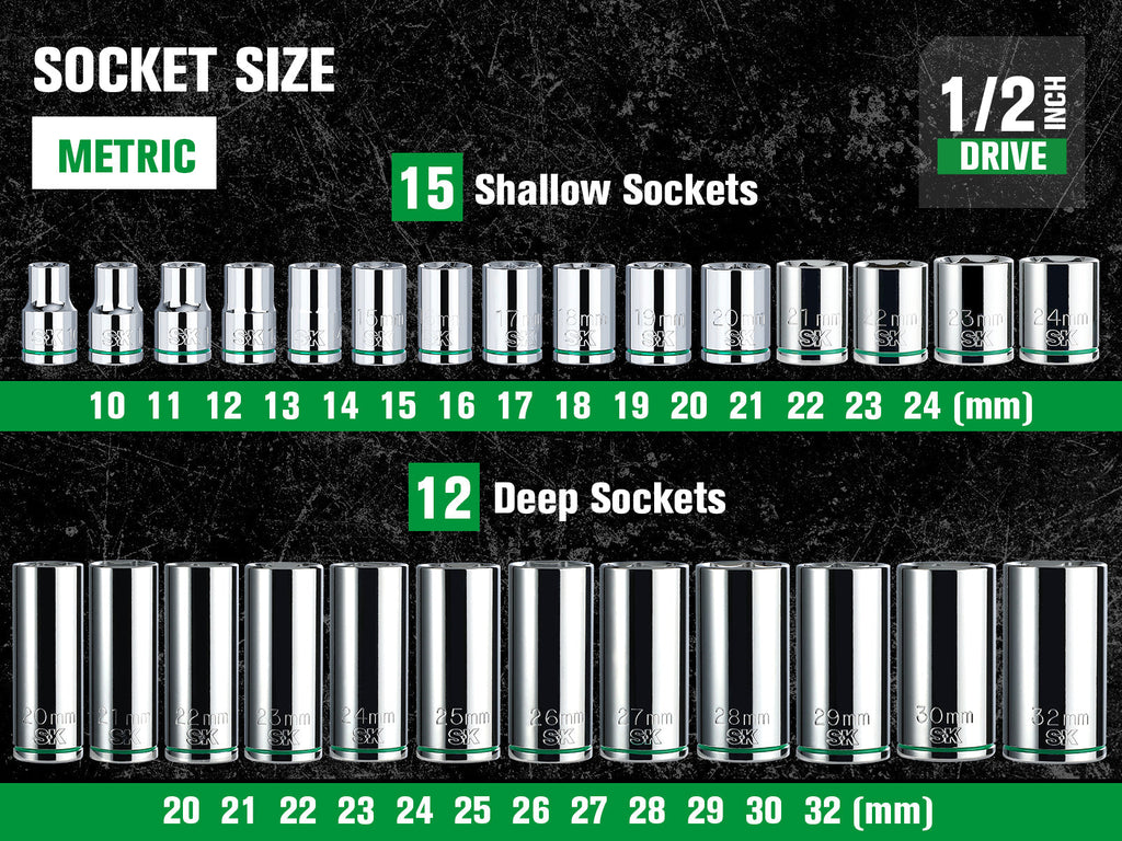 SK Tools USA - 31 Piece 1/2" Drive, 6 Point, Standard & Deep, Metric Chrome Socket Set