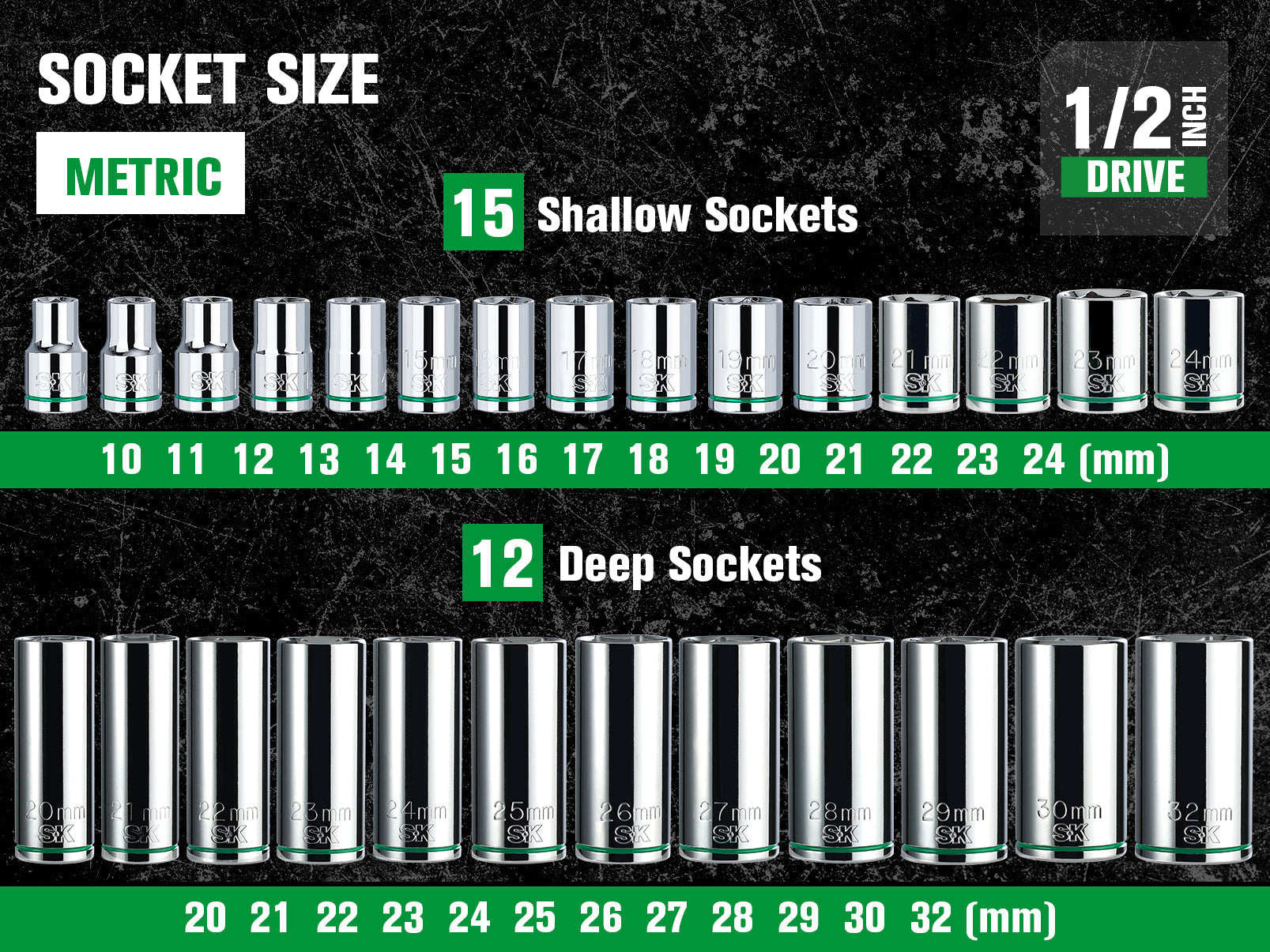 SK Tools USA - 31 Piece 1/2" Drive, 6 Point, Standard & Deep, Metric Chrome Socket Set
