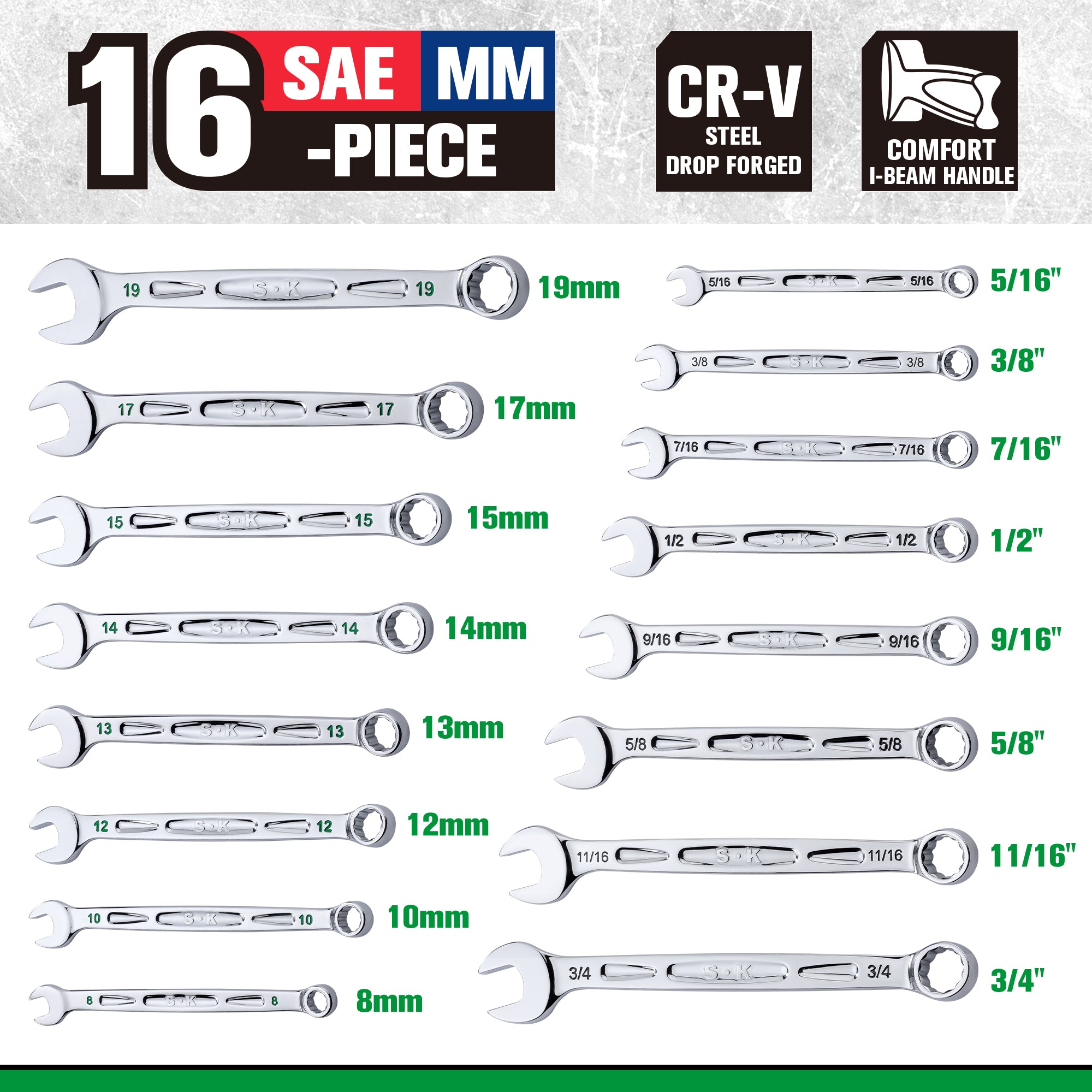 SK Tools USA - 16 Piece, 12 Point, SAE & Metric Chrome Combination Wrench Set