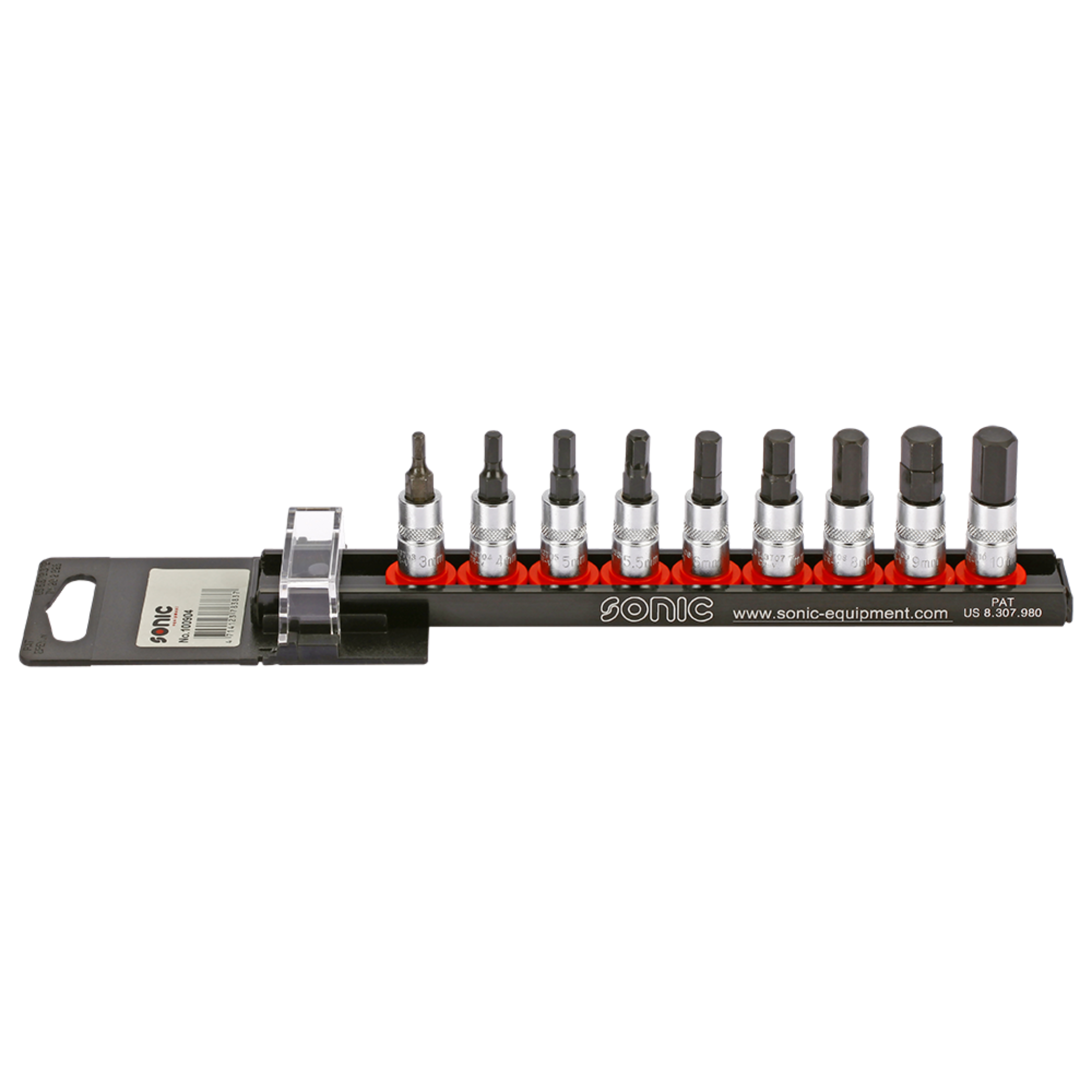 Sonic Tools - Bit Socket Set HEX 1/4" on Rail, 9-PCS.
