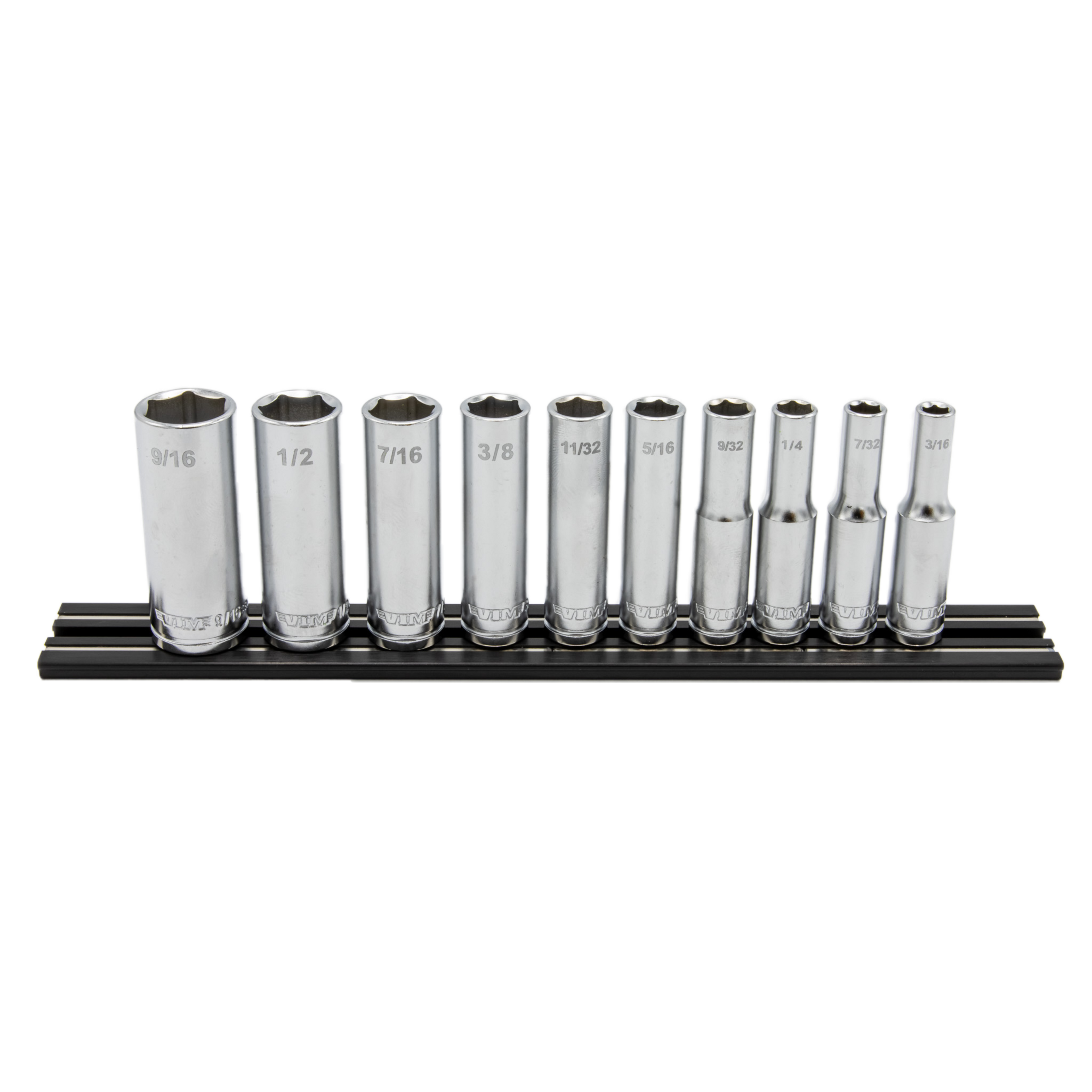 VIM Tools - 10 PC. 1/4'' DR. DEEP SAE SOCKET SET W/ BLACK 8” MAGRAIL - SMS400 SUBSET
