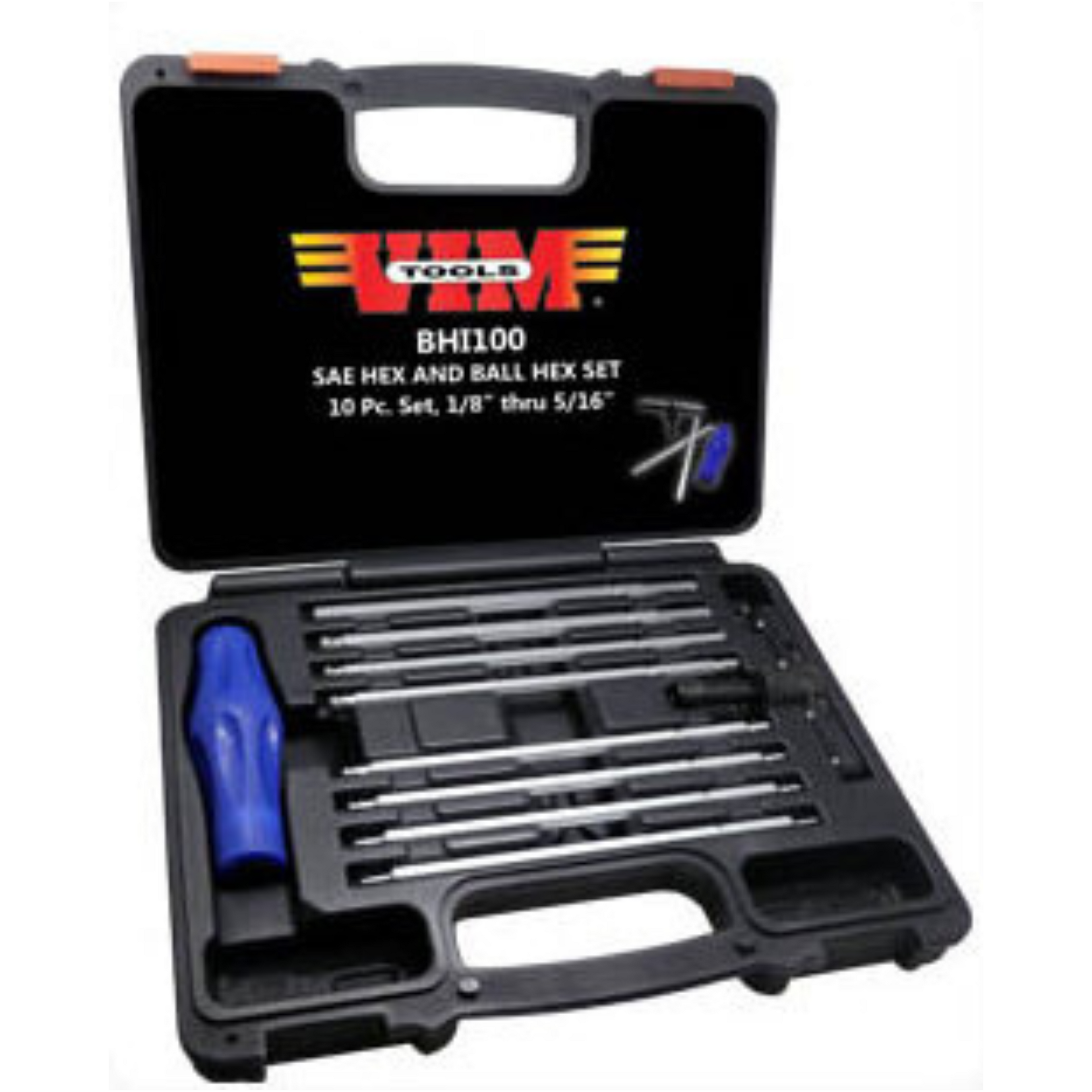 VIM Tools - "T"Handle SAE / inch, ball / hex,10pc set 1/8 thru 5/16, with case
