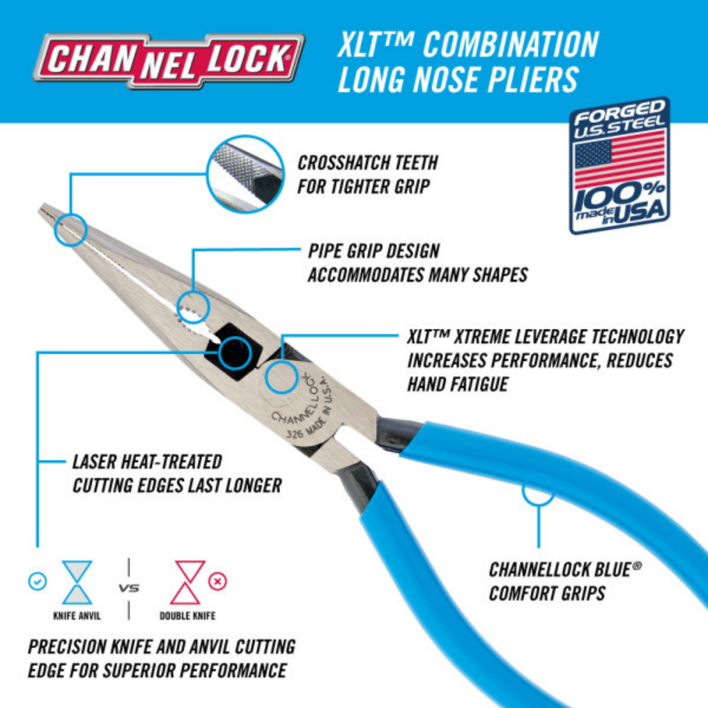 Channellock XLT™ Combination Long Nose Pliers with Cutter (6" & 8")
