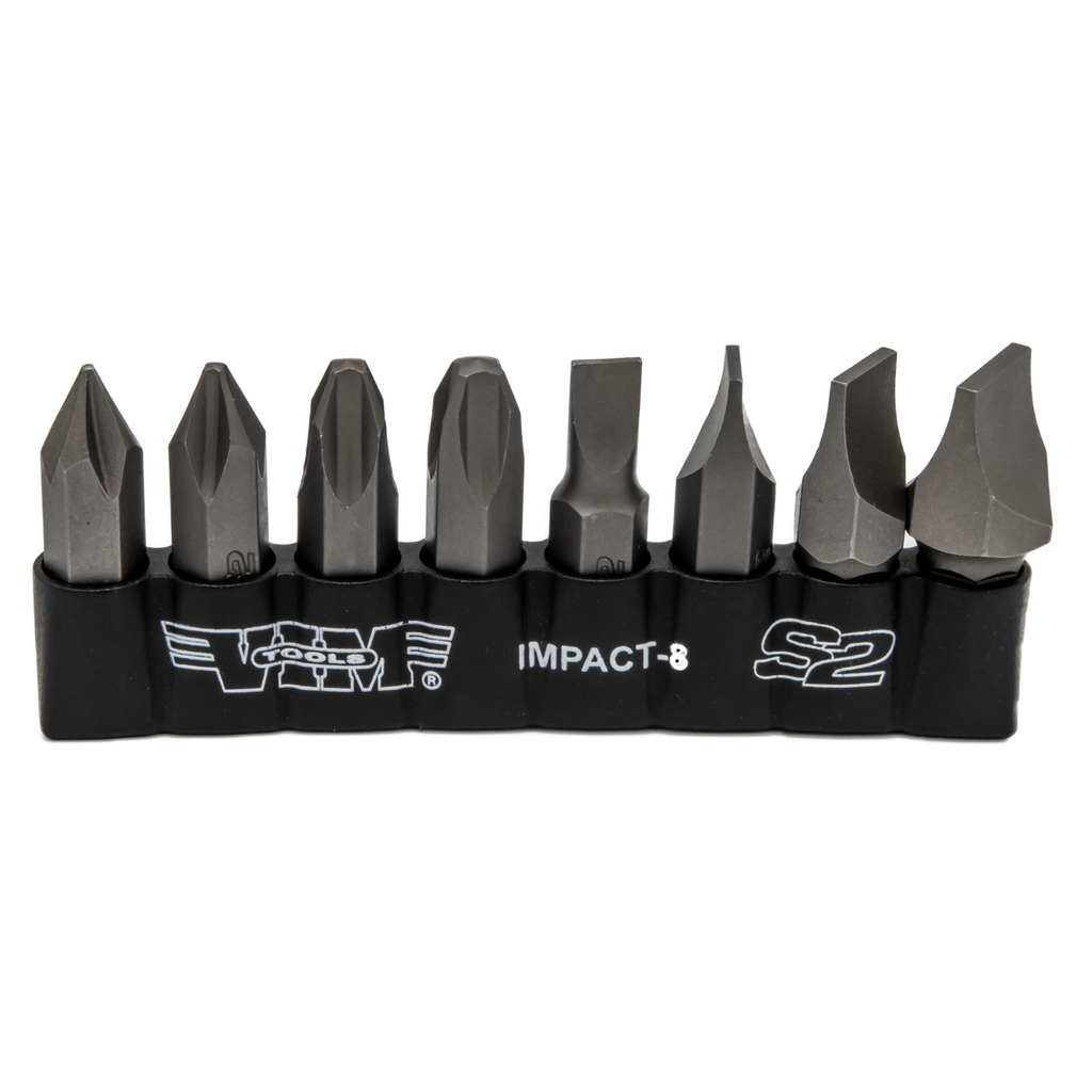 VIM Tools - Impact Quality S2 Bit Set, 8 pc Bits 5/16″ Hex bodies, 1.25″L, P1-P4 Phillips & Flat Tip