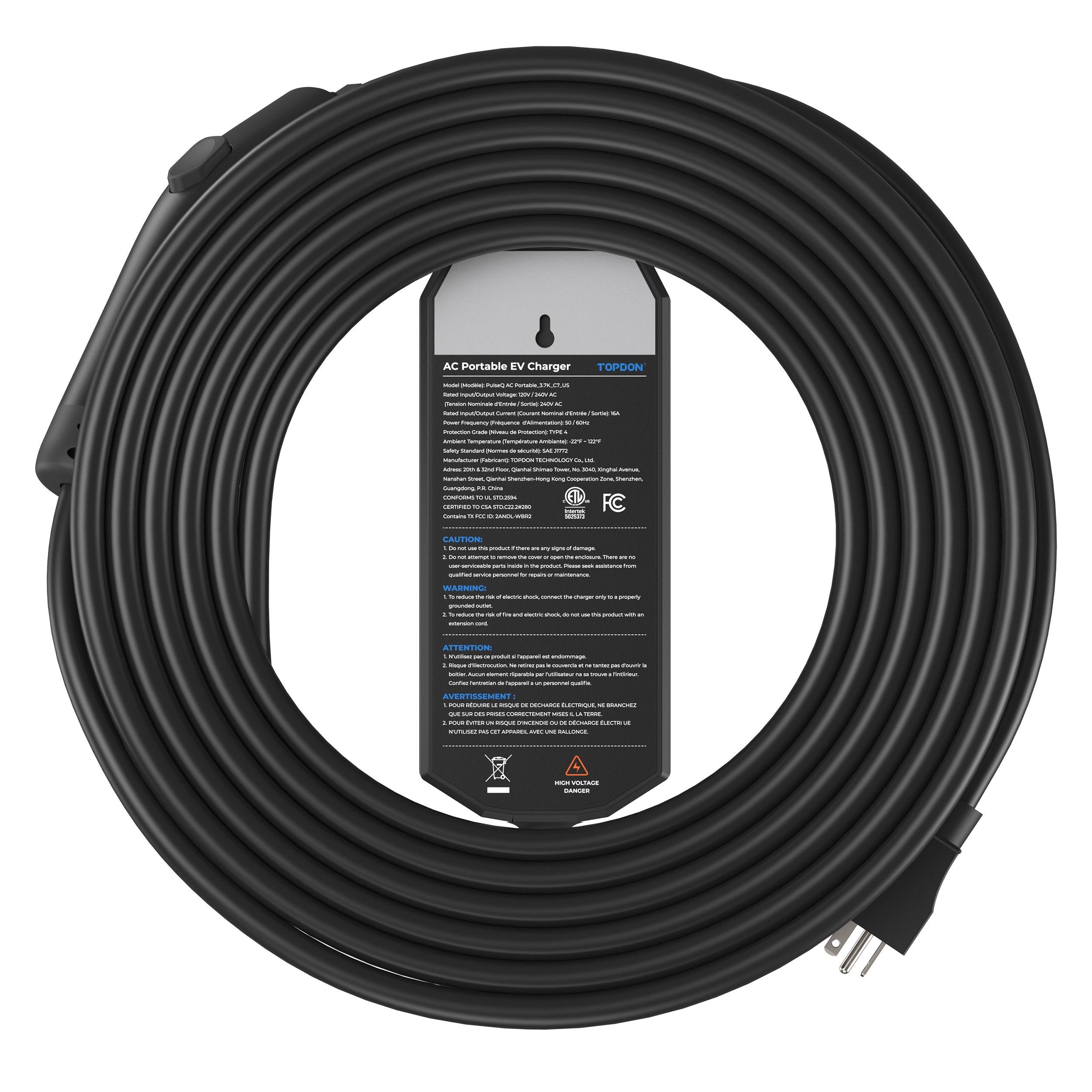 TOPDON AC L2 Port EV Charger, 16A, 3.7KW, N6-20 Plug to 5-15 Adpt.