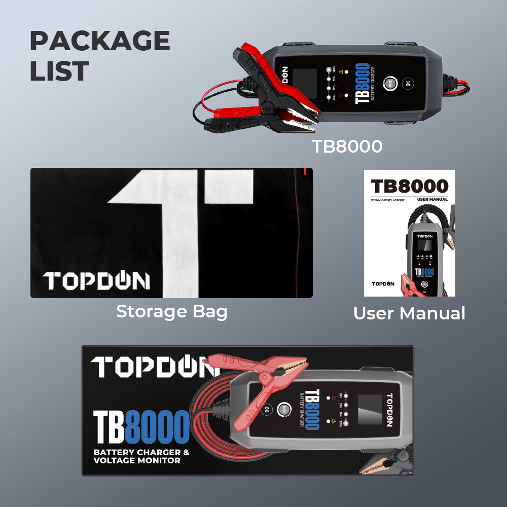 TOPDON 8A Smart Battery Charger LI, WET, GEL, MF, CAL, EFB, AGM