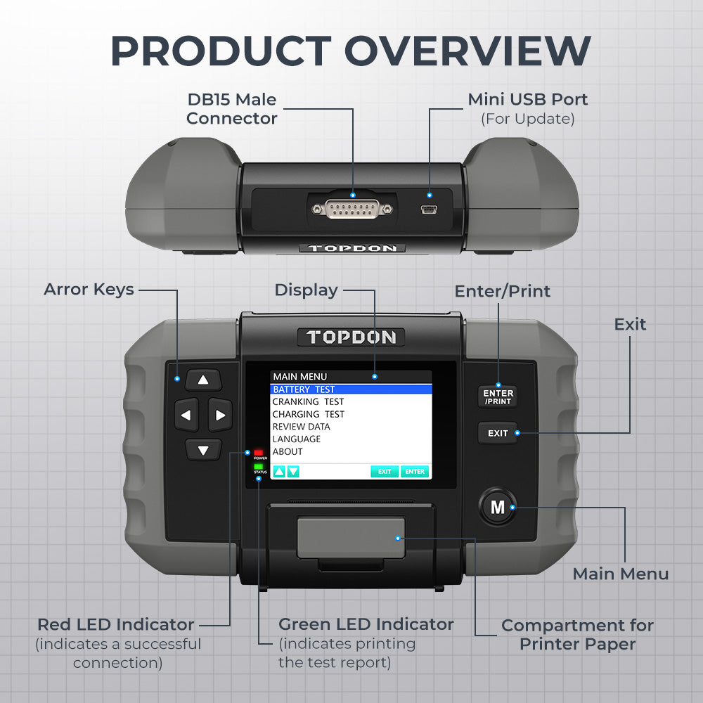 TOPDON 12V Battery & 12V/24V System Tester w/Built-in Printer