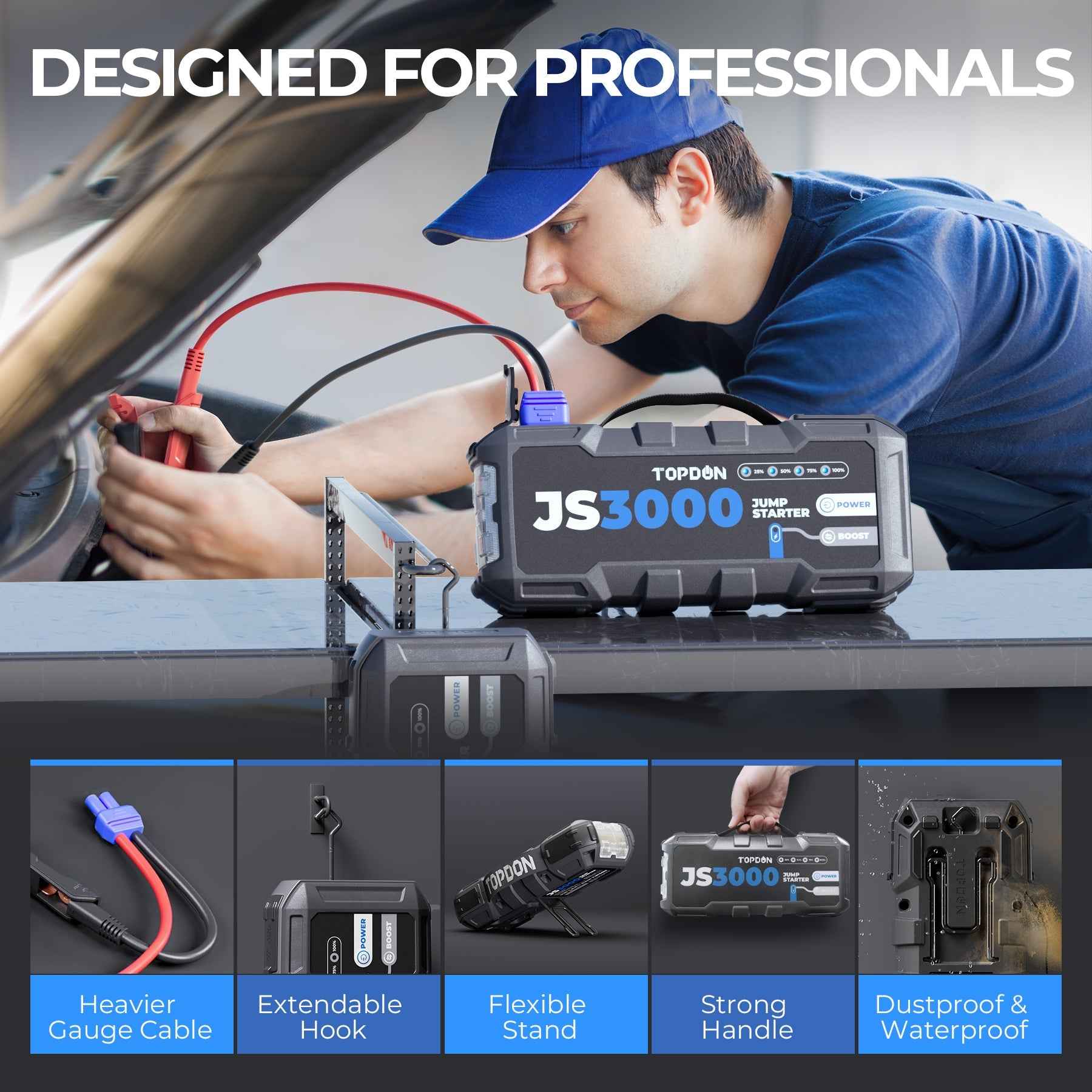 TOPDON 3000 Peak Amp Battery Jumpstarter, Power Bank, & Flashlight